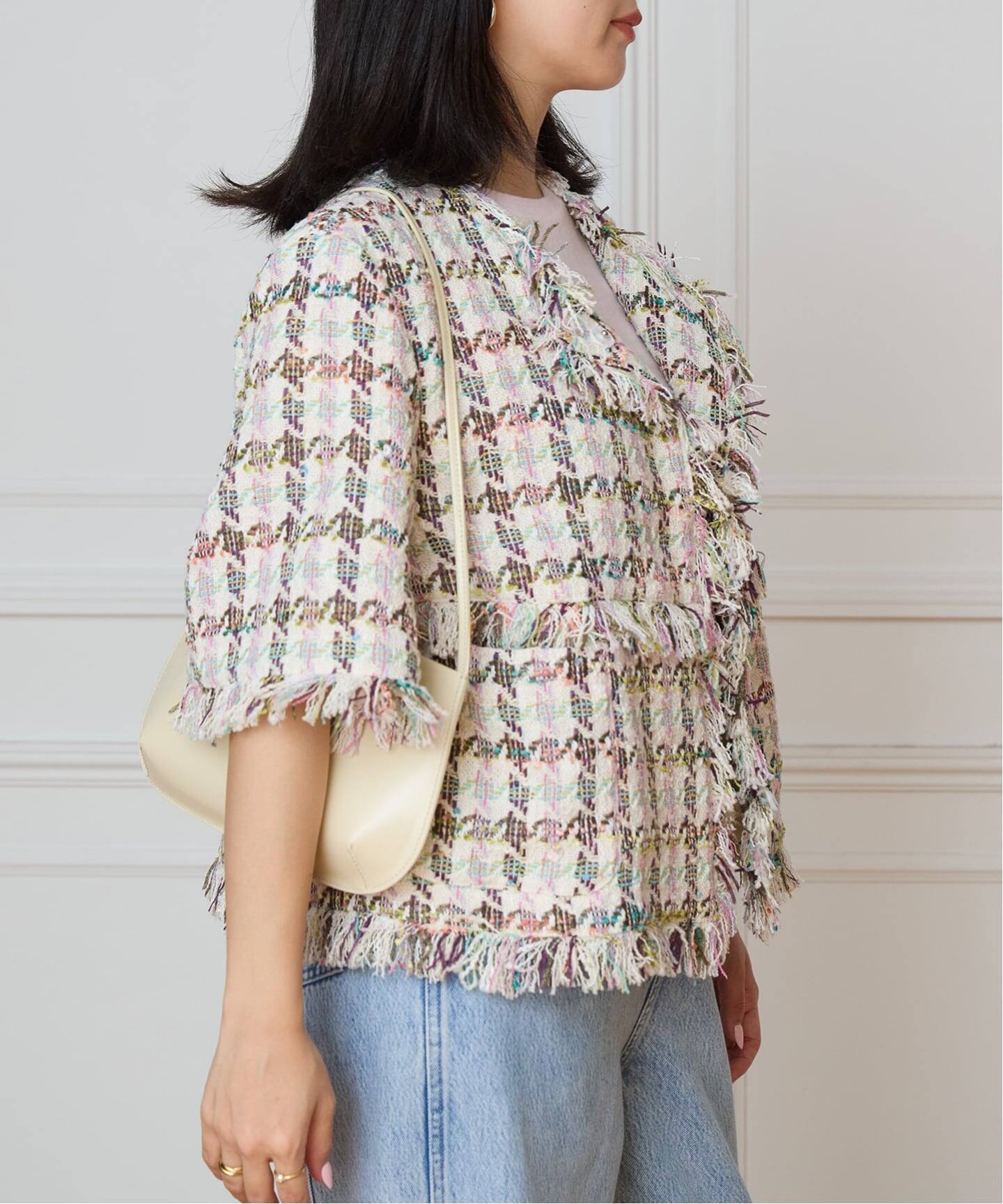 IENA LA BOUCLE LINTONカラーツィードボレロジャケット（ノーカラー
