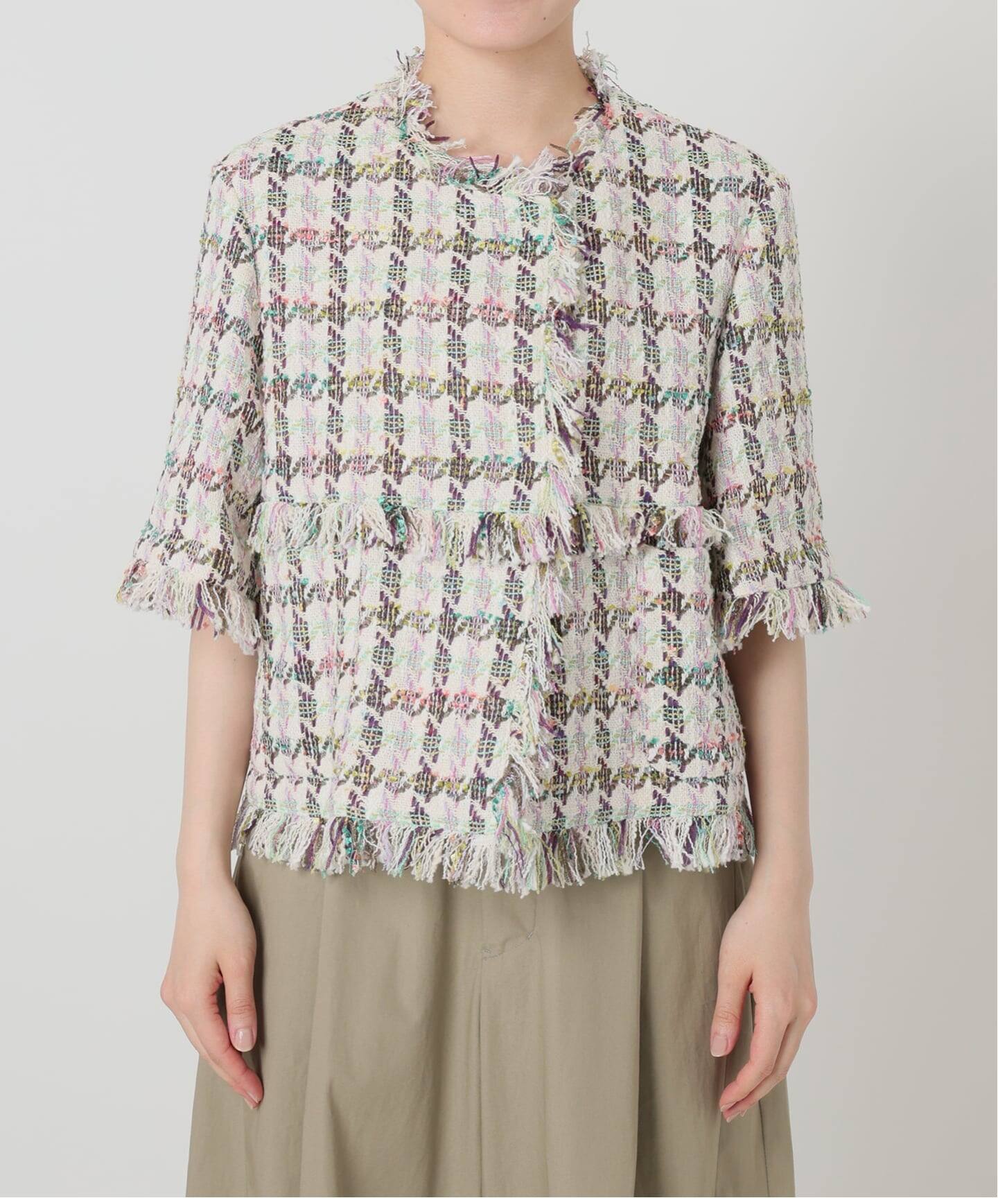 IENA LA BOUCLE LINTONカラーツィードボレロジャケット（ノーカラー