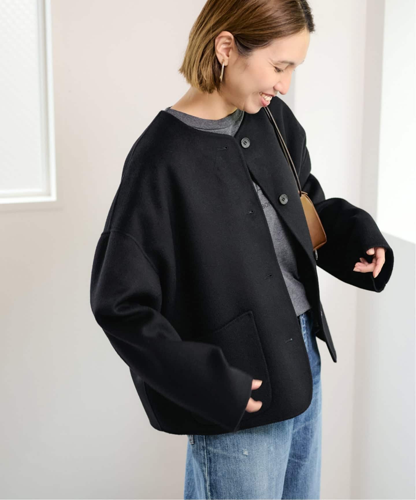 ≪予約≫ハミルトンリバークルーネックショートコート（ノーカラー
