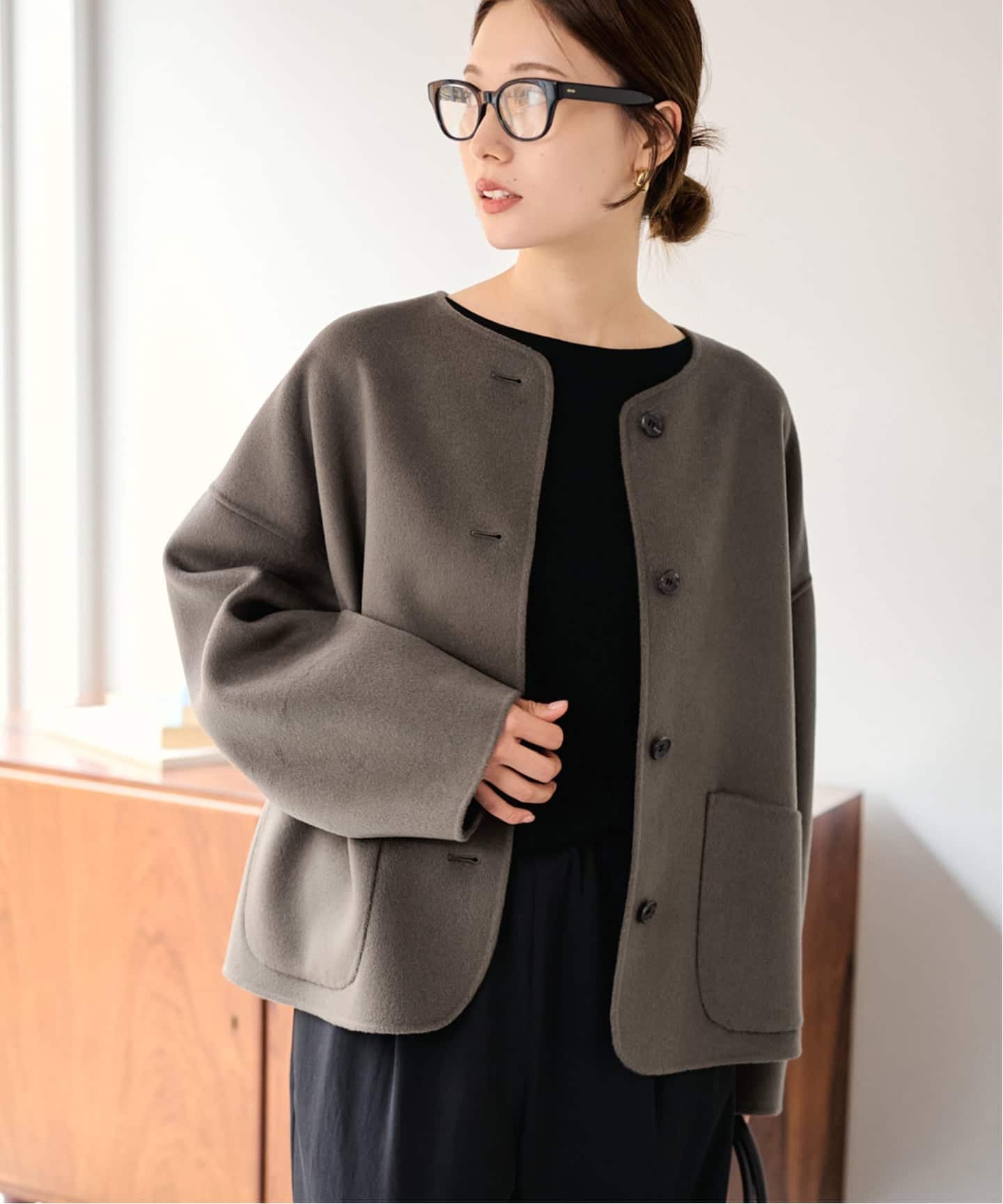 ≪予約≫ハミルトンリバークルーネックショートコート（ノーカラー