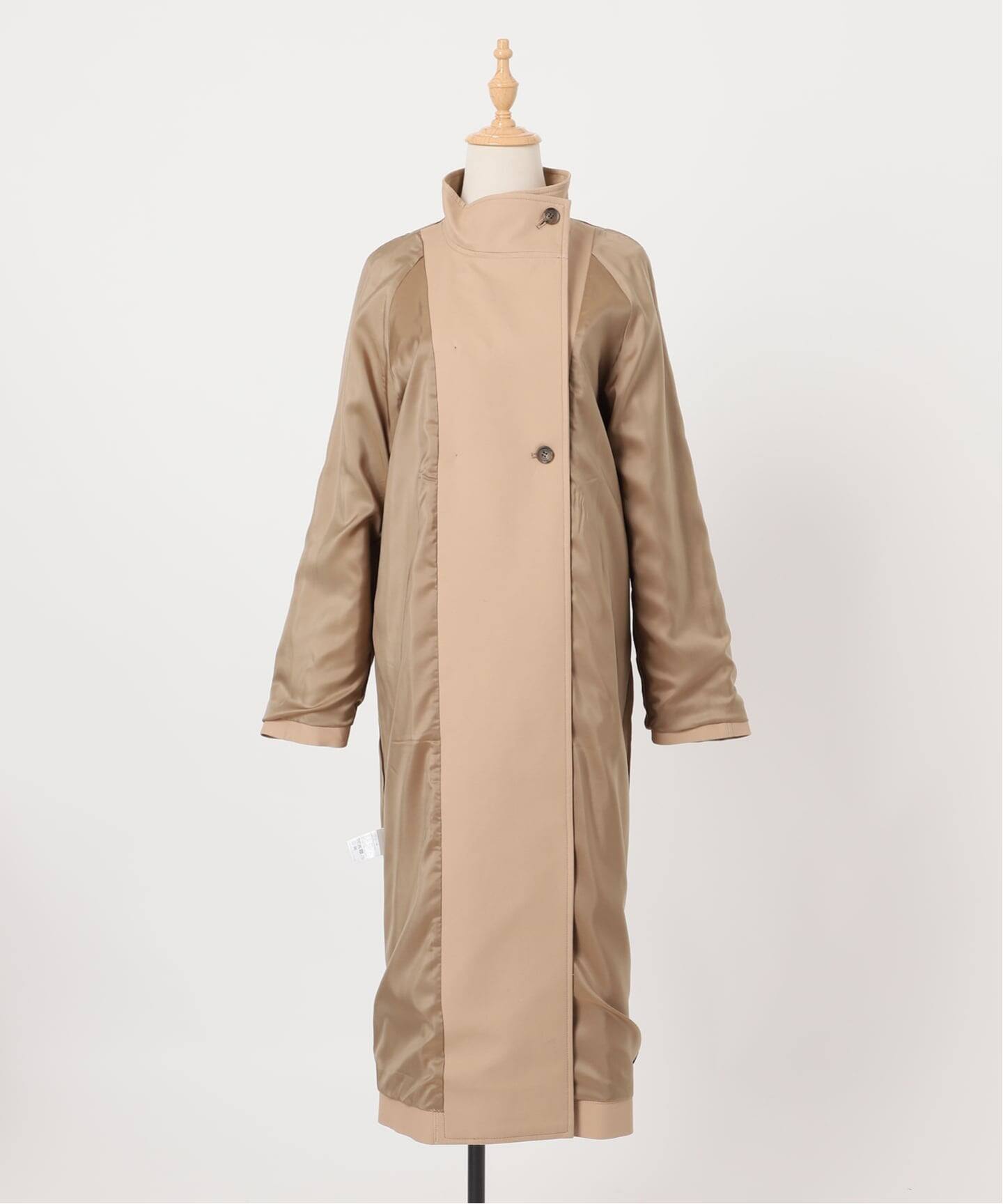 コットン ベージュ ロングコート ネイビー襟 セール】 SHIPS any:〈洗濯機可能〉スタンドカラー ドロスト ギャザー