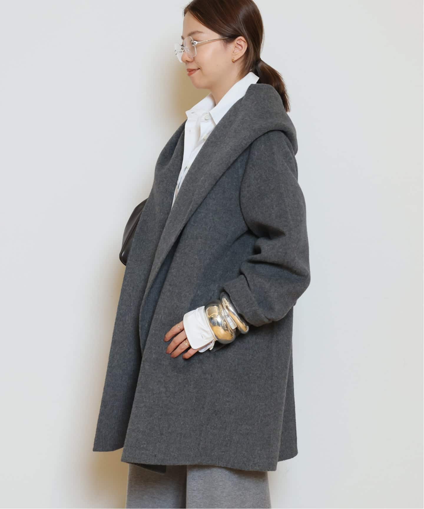 【MUSE de Deuxieme classe】 ロングコート ウール混合 予約》ウールアンゴラ HALF GOWN コート（フードコート）｜MUSE de