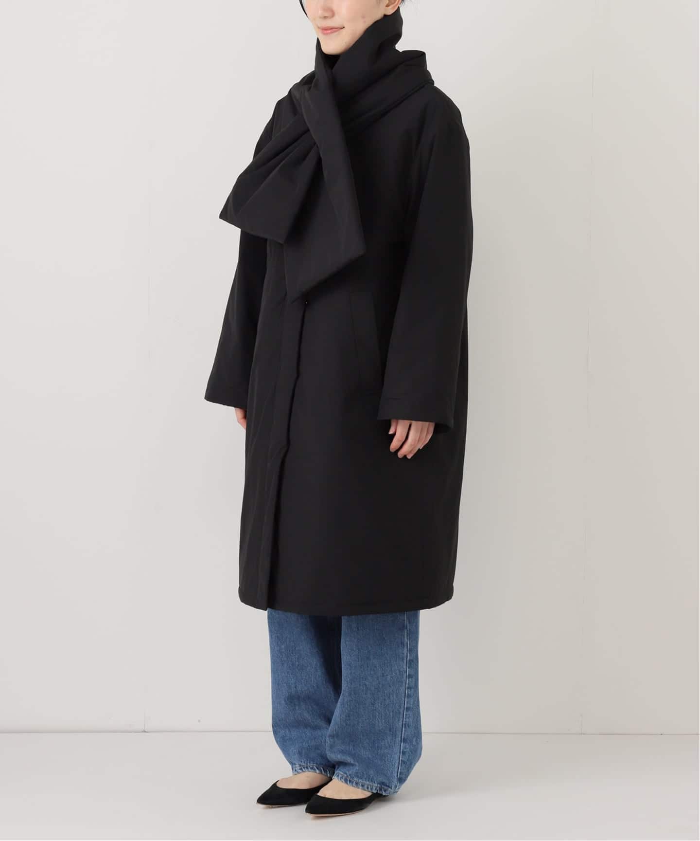 【美品】SLOBE IENA（スローブイエナ）ノーカラーコート　黒　38 WEB限定/追加予約》中綿ストール付きノーカラーコート（中綿