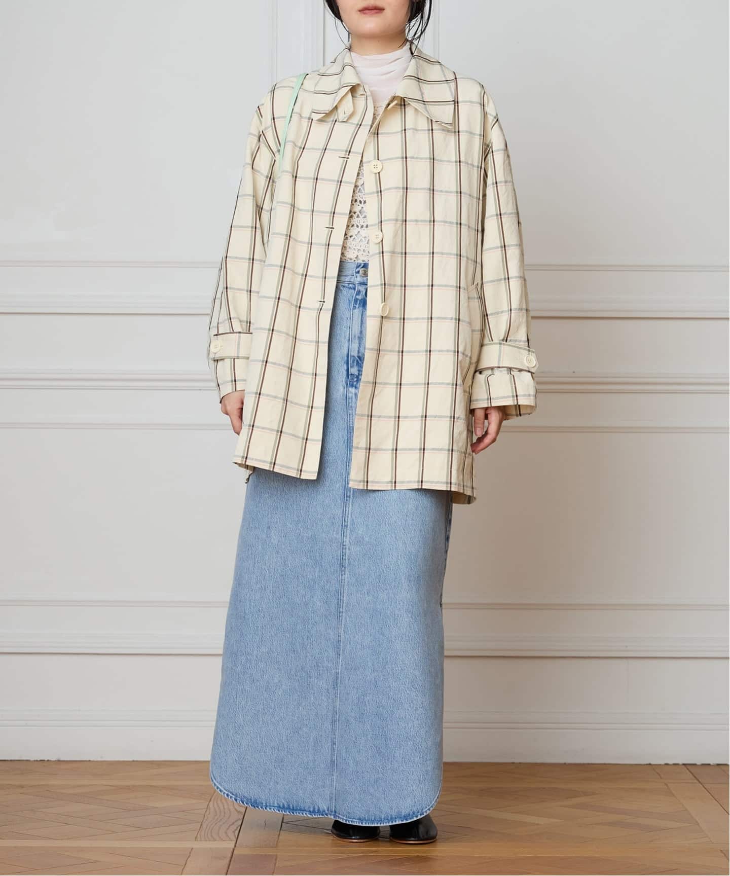 IENA LA BOUCLE P/Lチェックステンカラーハーフコート（ステンカラー