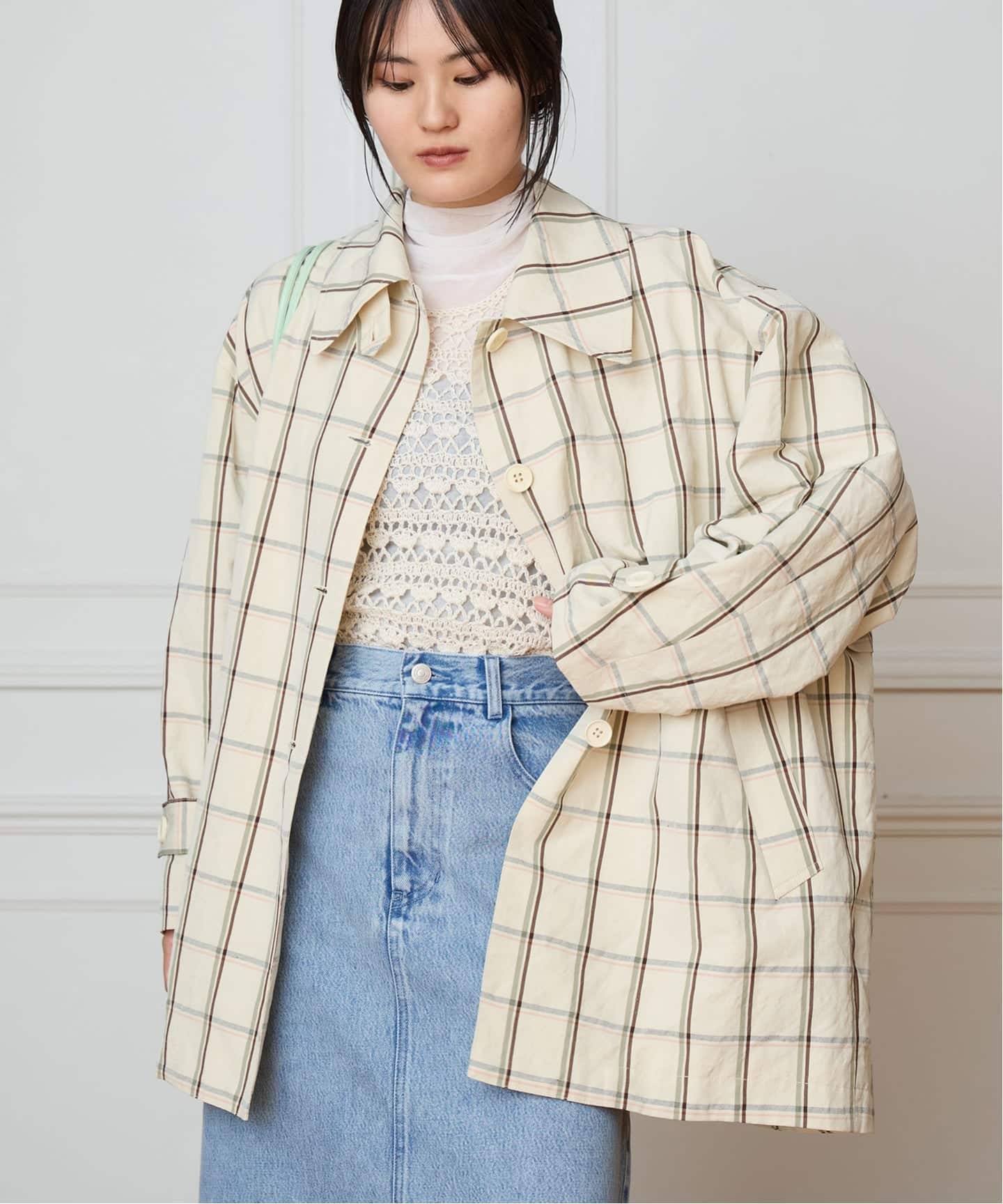 IENA LA BOUCLE P/Lチェックステンカラーハーフコート（ステンカラー