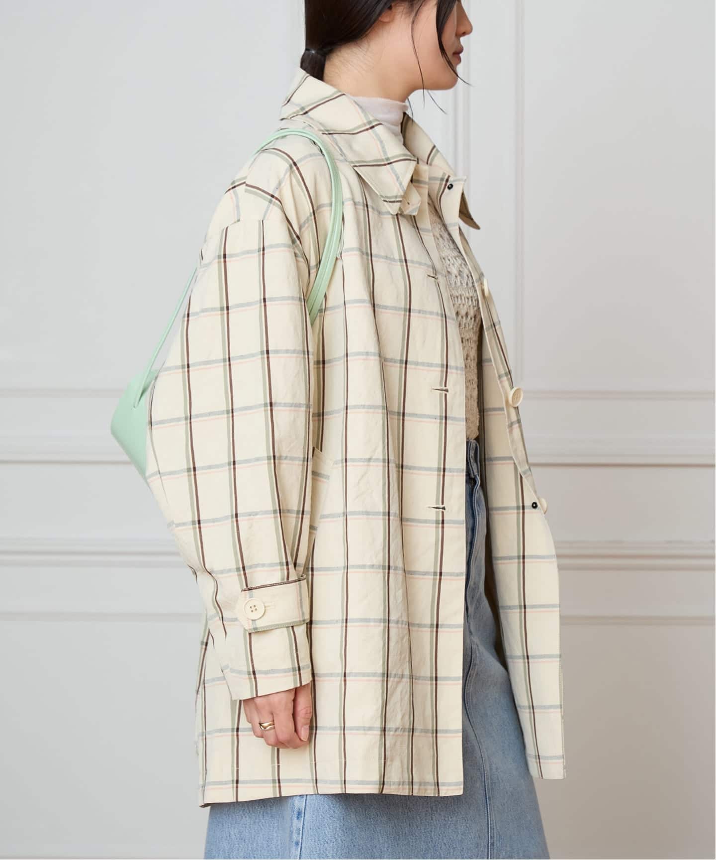 IENA LA BOUCLE P/Lチェックステンカラーハーフコート（ステンカラー