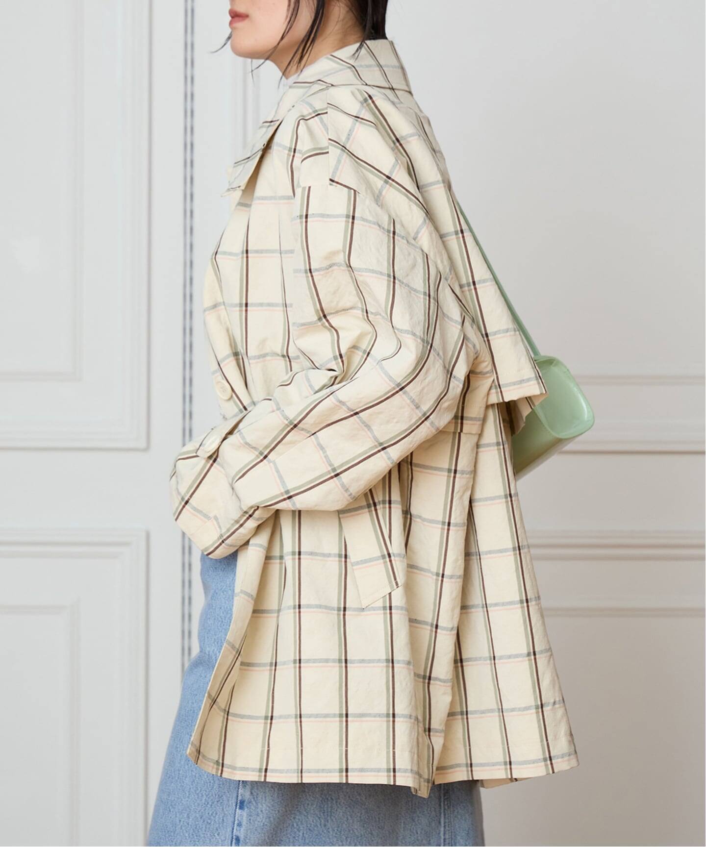 IENA LA BOUCLE P/Lチェックステンカラーハーフコート（ステンカラー