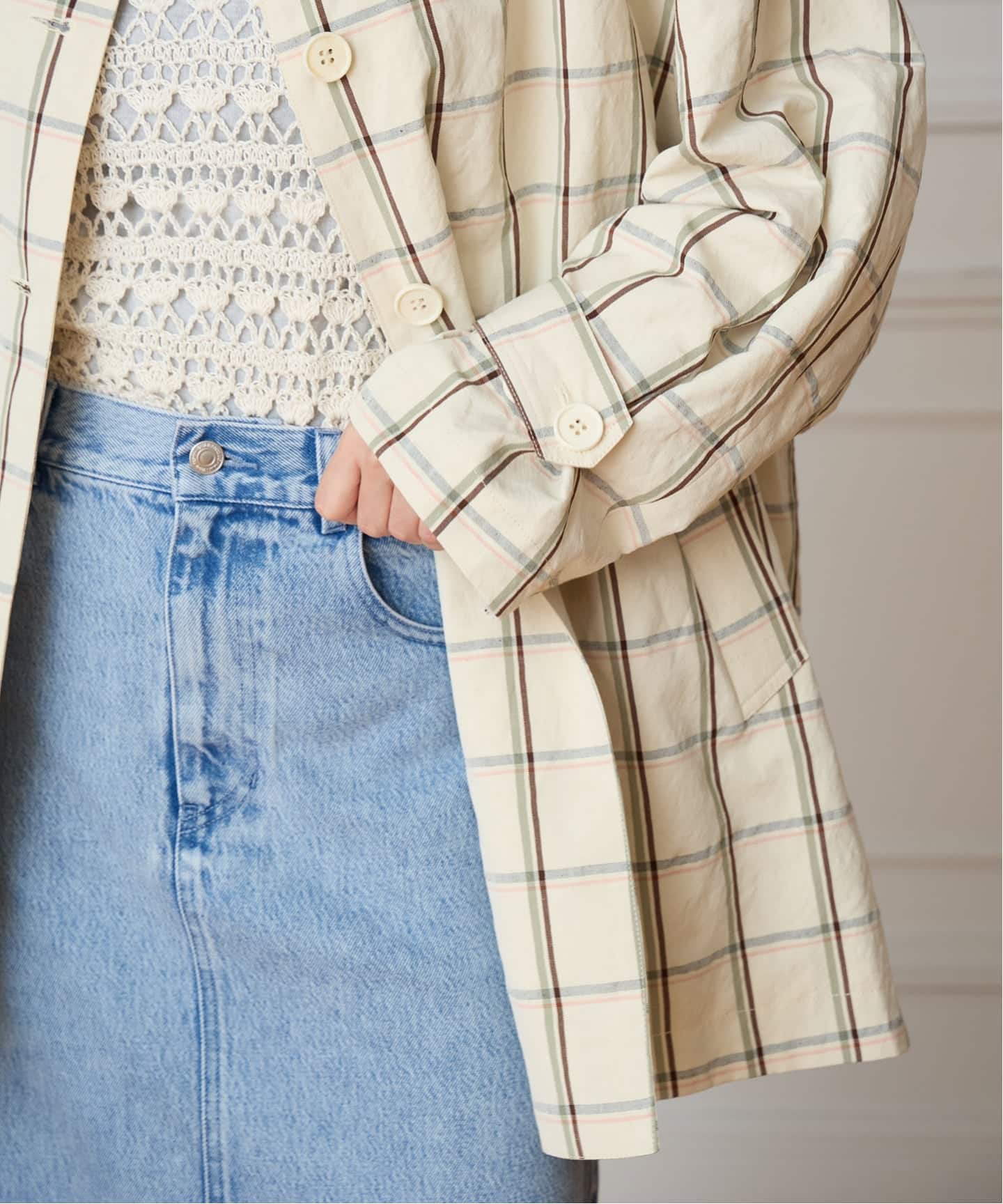 IENA LA BOUCLE P/Lチェックステンカラーハーフコート（ステンカラー