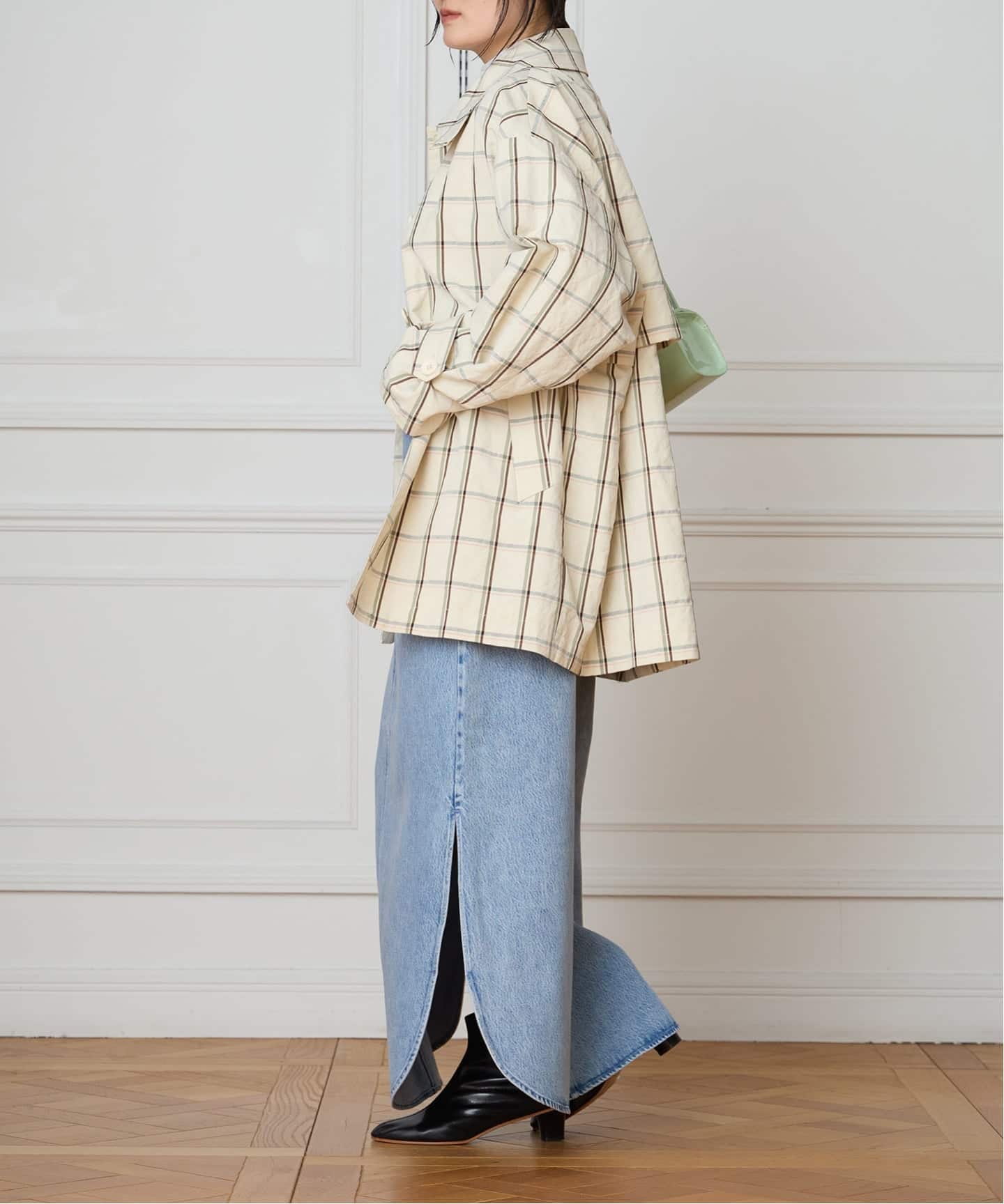 IENA LA BOUCLE P/Lチェックステンカラーハーフコート（ステンカラー