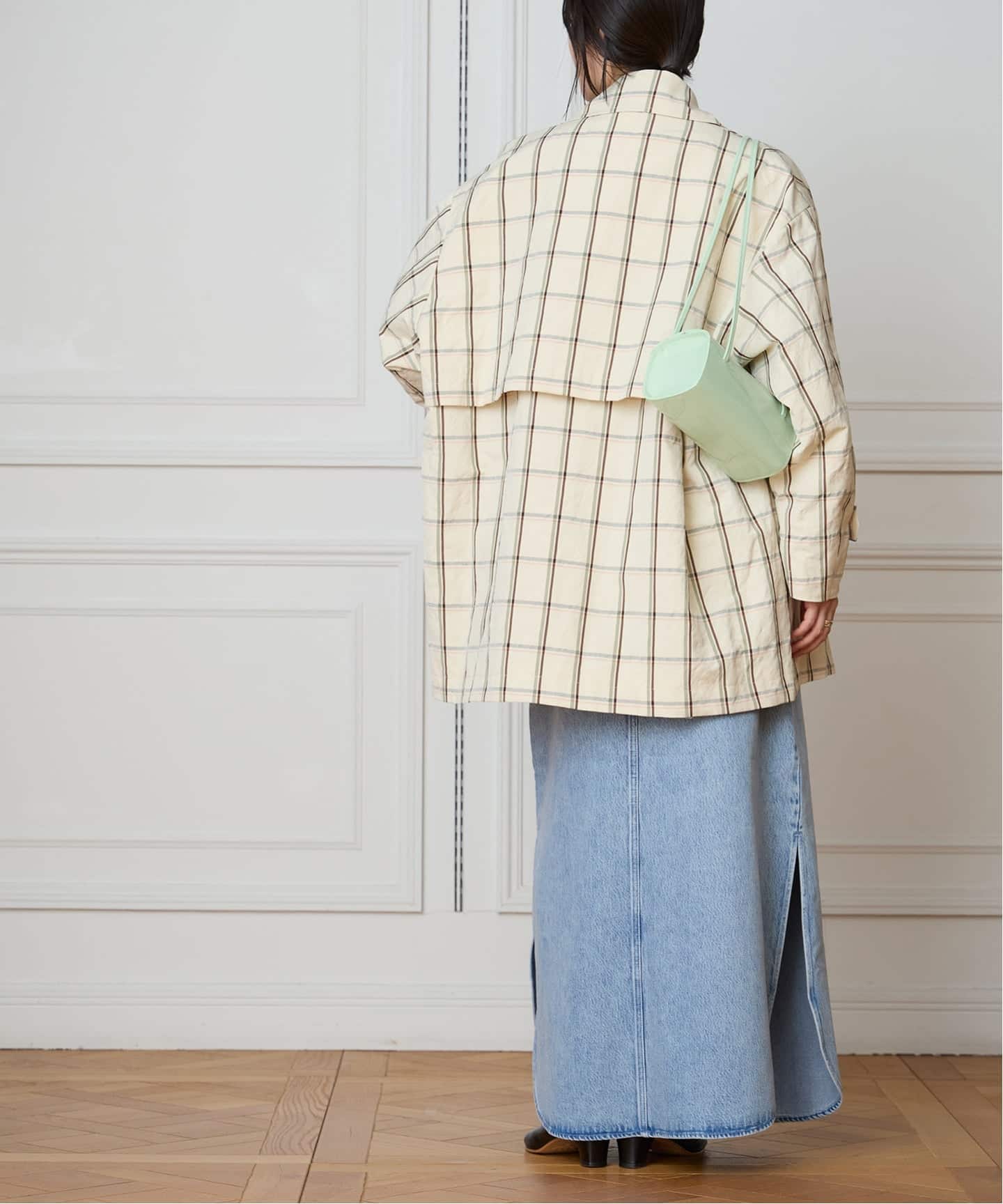 IENA LA BOUCLE P/Lチェックステンカラーハーフコート（ステンカラー