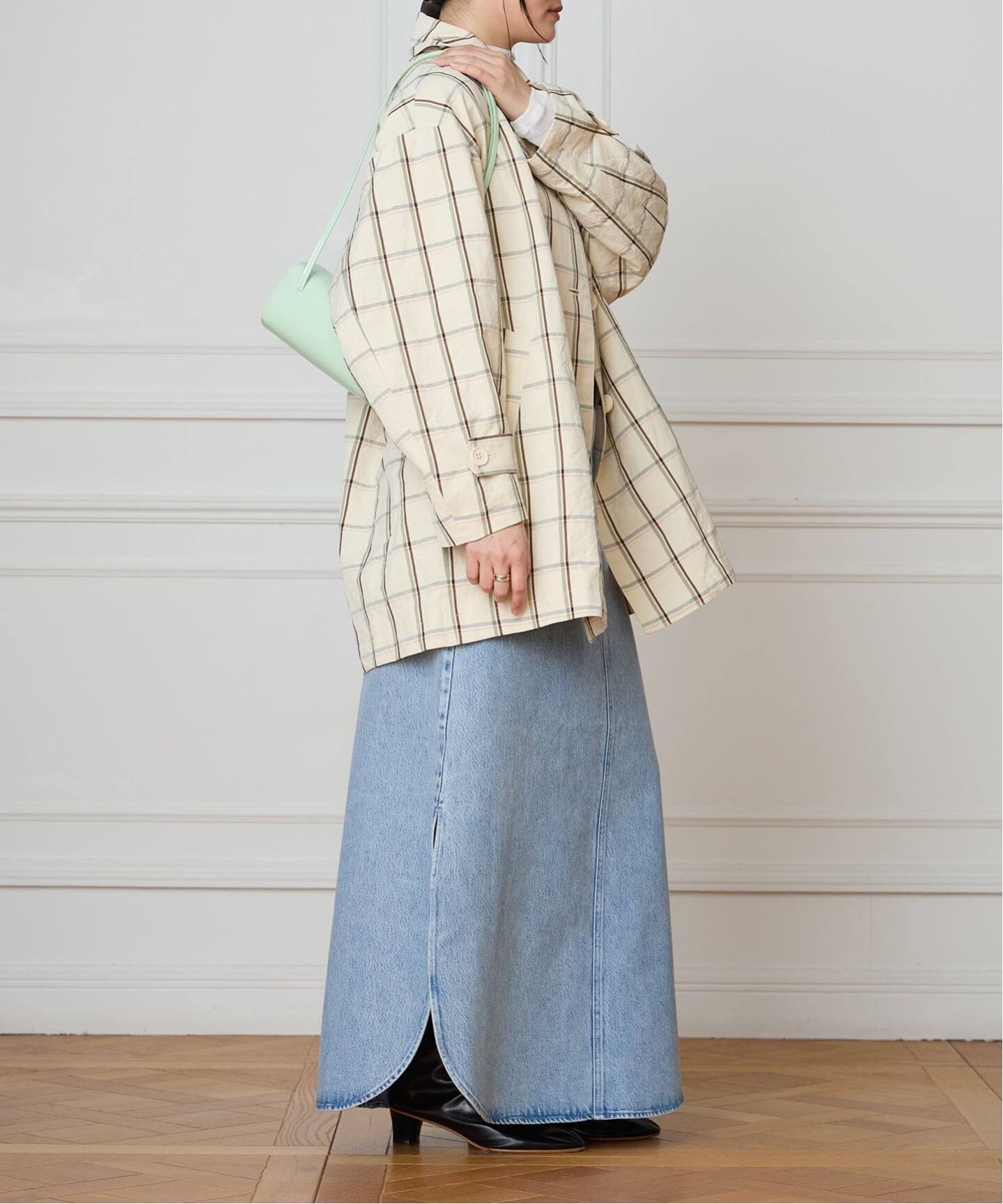 【美品 】IENA LA BOUCLE ステンカラーコート ロング36 チェック IENA LA BOUCLE P/Lチェックステンカラーハーフコート（ステンカラー