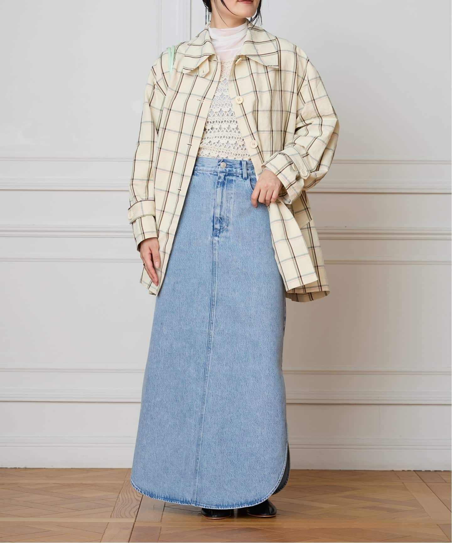 IENA LA BOUCLE P/Lチェックステンカラーハーフコート（ステンカラー