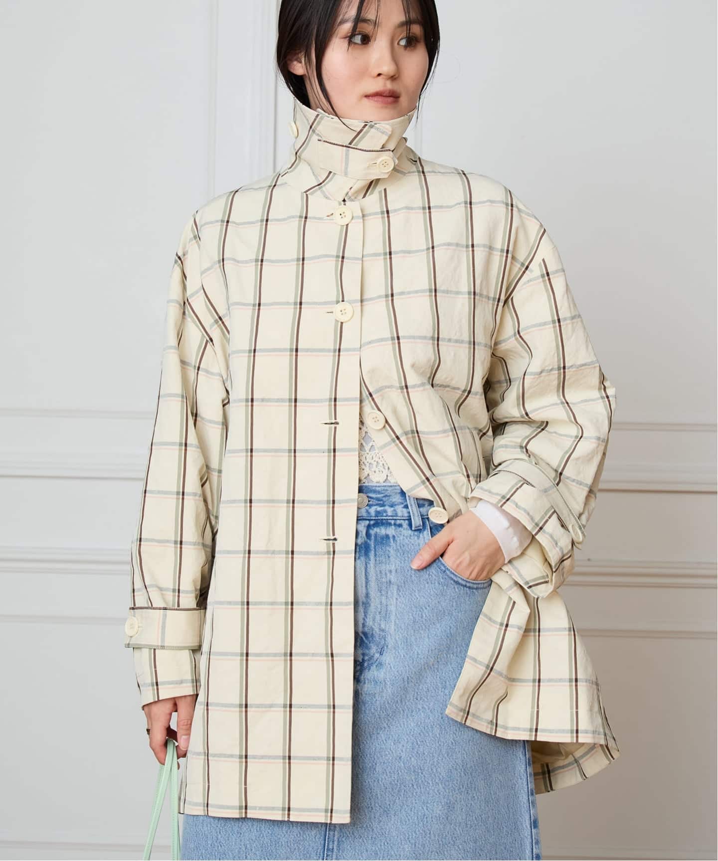 IENA LA BOUCLE P/Lチェックステンカラーハーフコート（ステンカラー