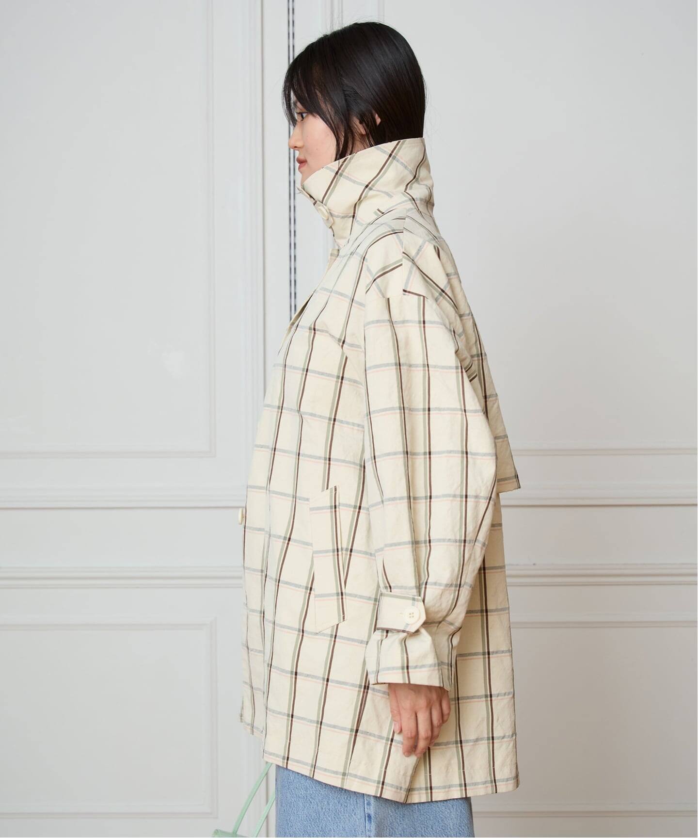 IENA LA BOUCLE P/Lチェックステンカラーハーフコート（ステンカラー