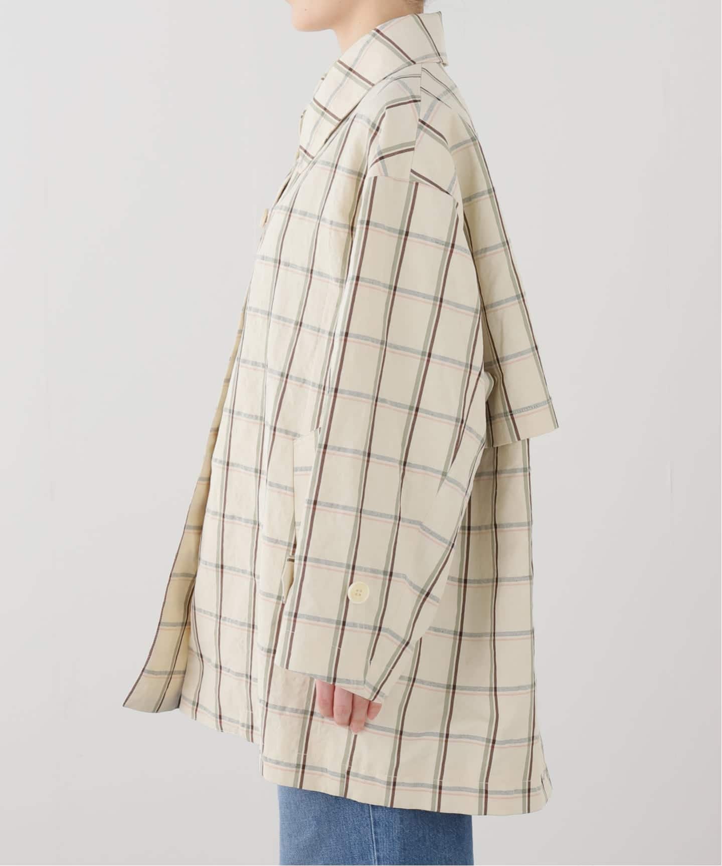 IENA LA BOUCLE P/Lチェックステンカラーハーフコート（ステンカラー
