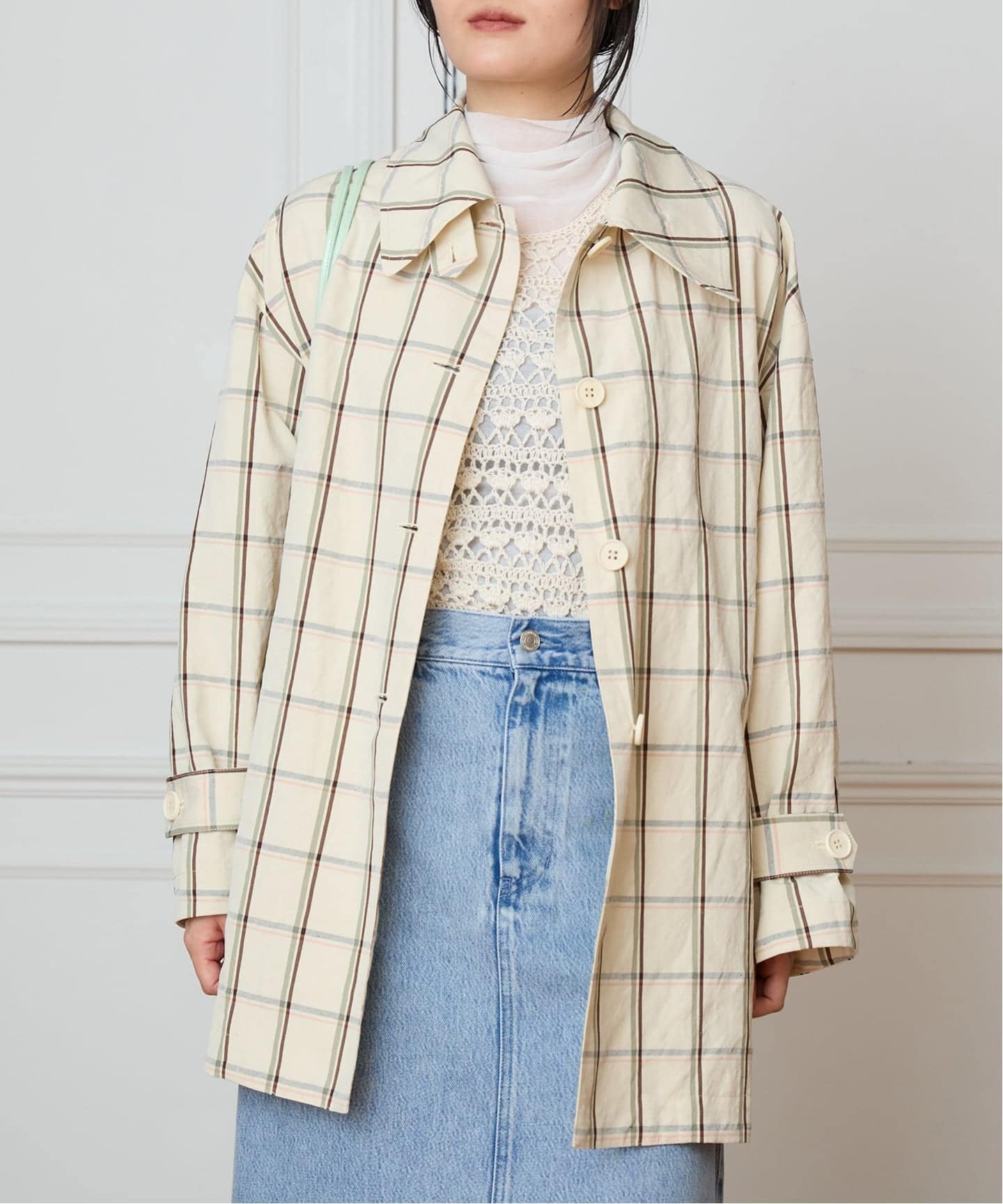 IENA LA BOUCLE P/Lチェックステンカラーハーフコート（ステンカラー