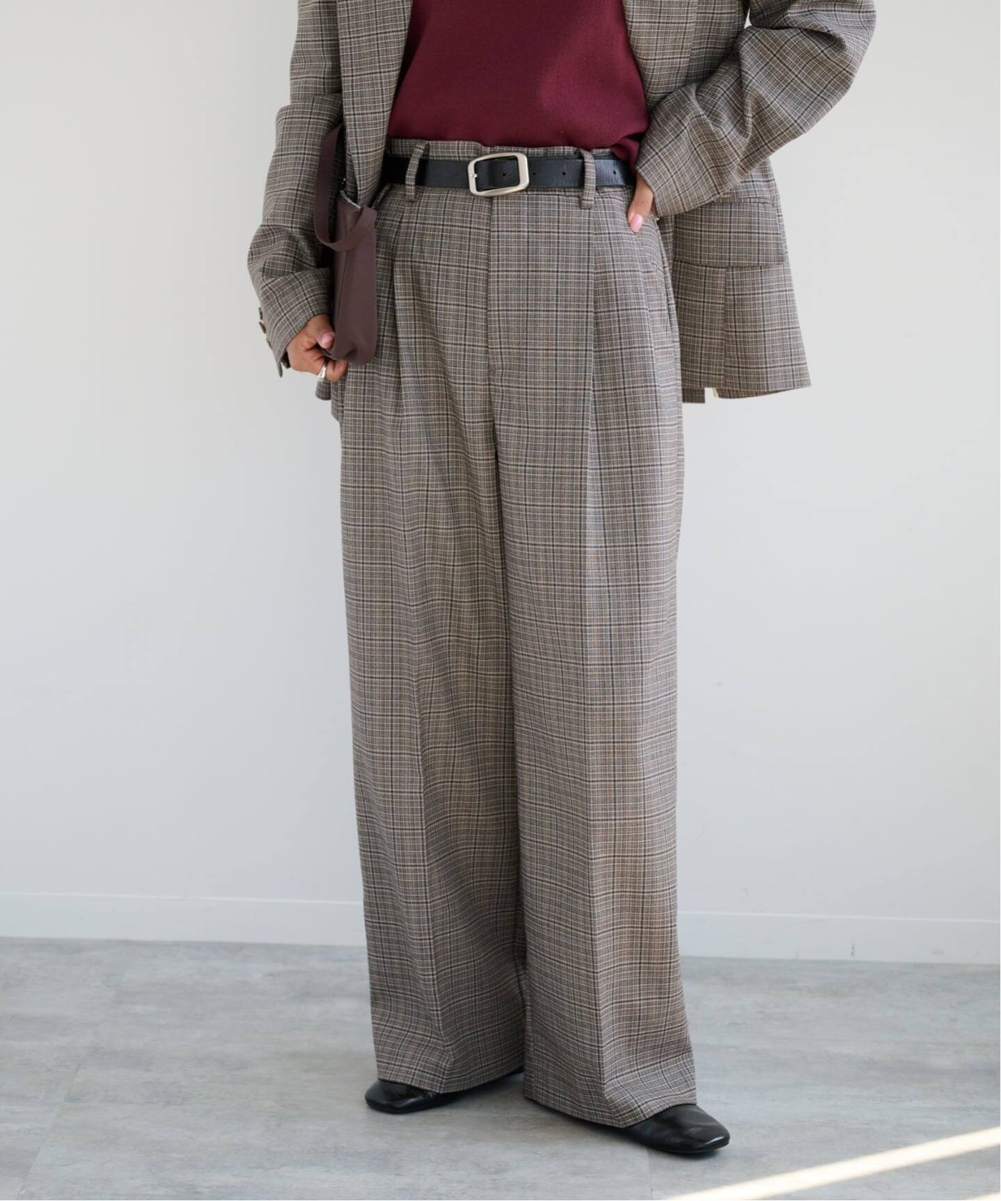 Y2K archive グレー ワイドタックスラックス レーヨン混 ノームコア ORDINARY CHECK タックワイドスラックス セットアップ対応（スラックス