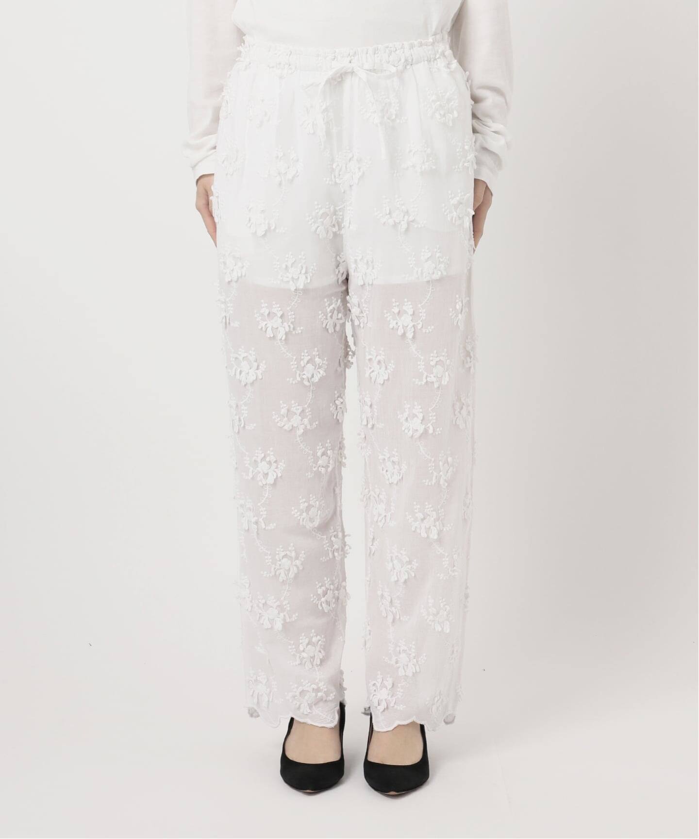 Spick and Spanホワイト花柄刺繍 シースルー綿パンツcrinkle crinkle crinkle crinkle sheer cotton 3D embroidery easy（その他