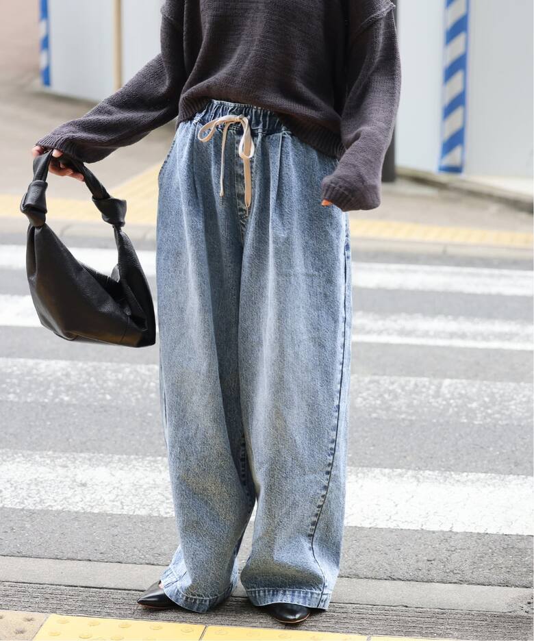 追加》イージーデニムワイドパンツ（デニムパンツ・ジーンズ 