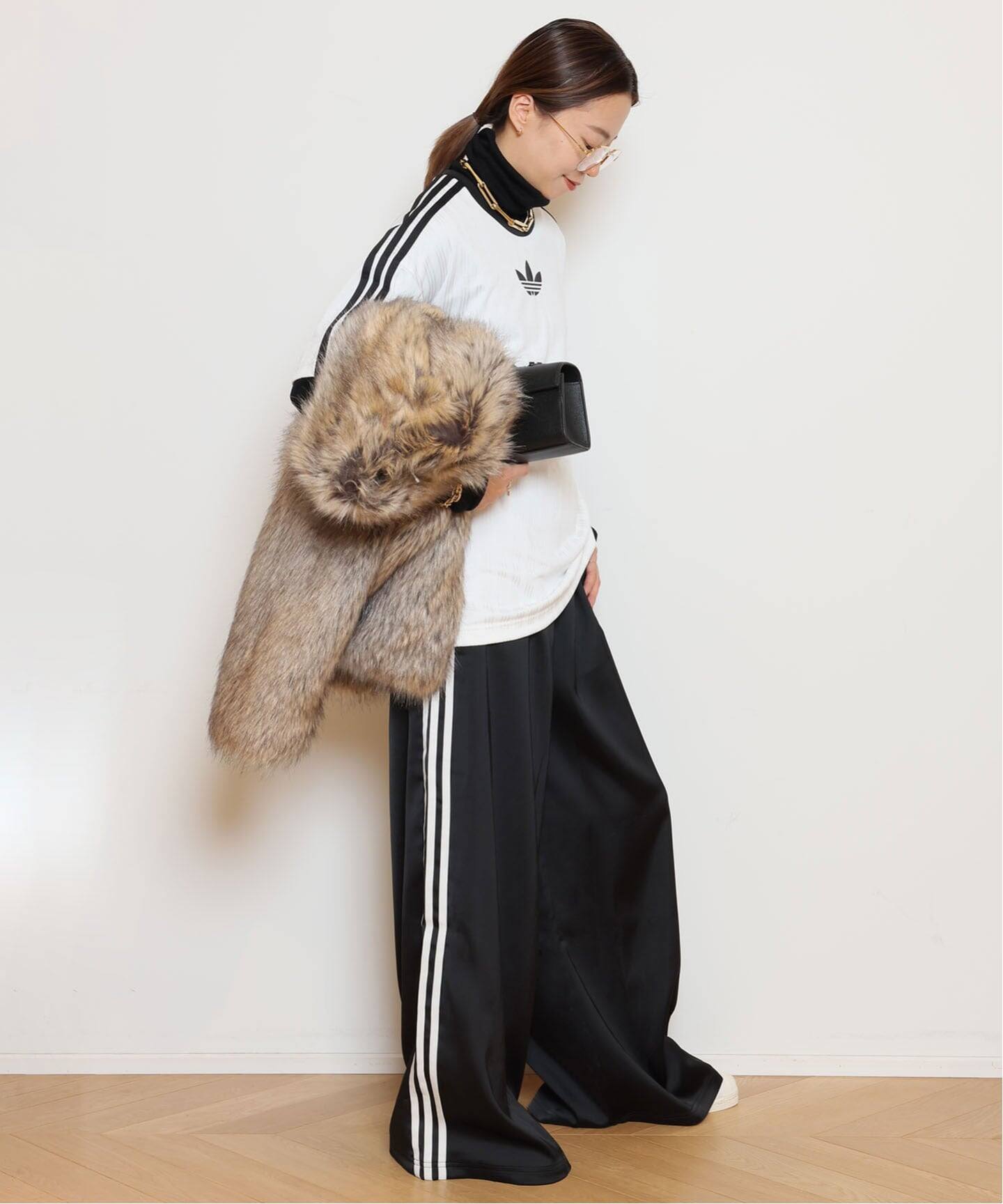 ADIDAS/アディダス】SATIN WIDE LEG TRACK パンツ（BLACK）（ジャージ