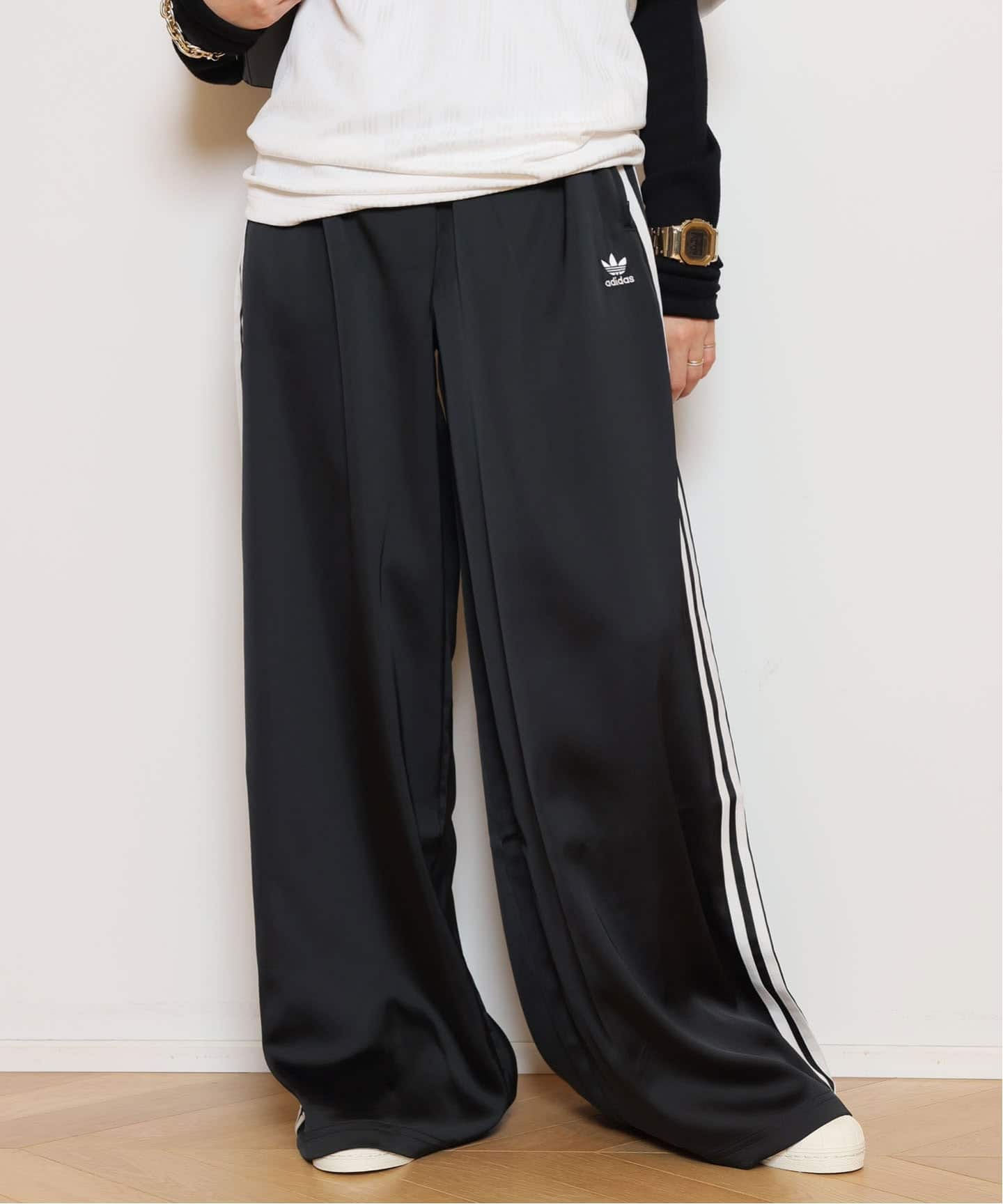 ADIDAS/アディダス】SATIN WIDE LEG TRACK パンツ（BLACK）（ジャージ