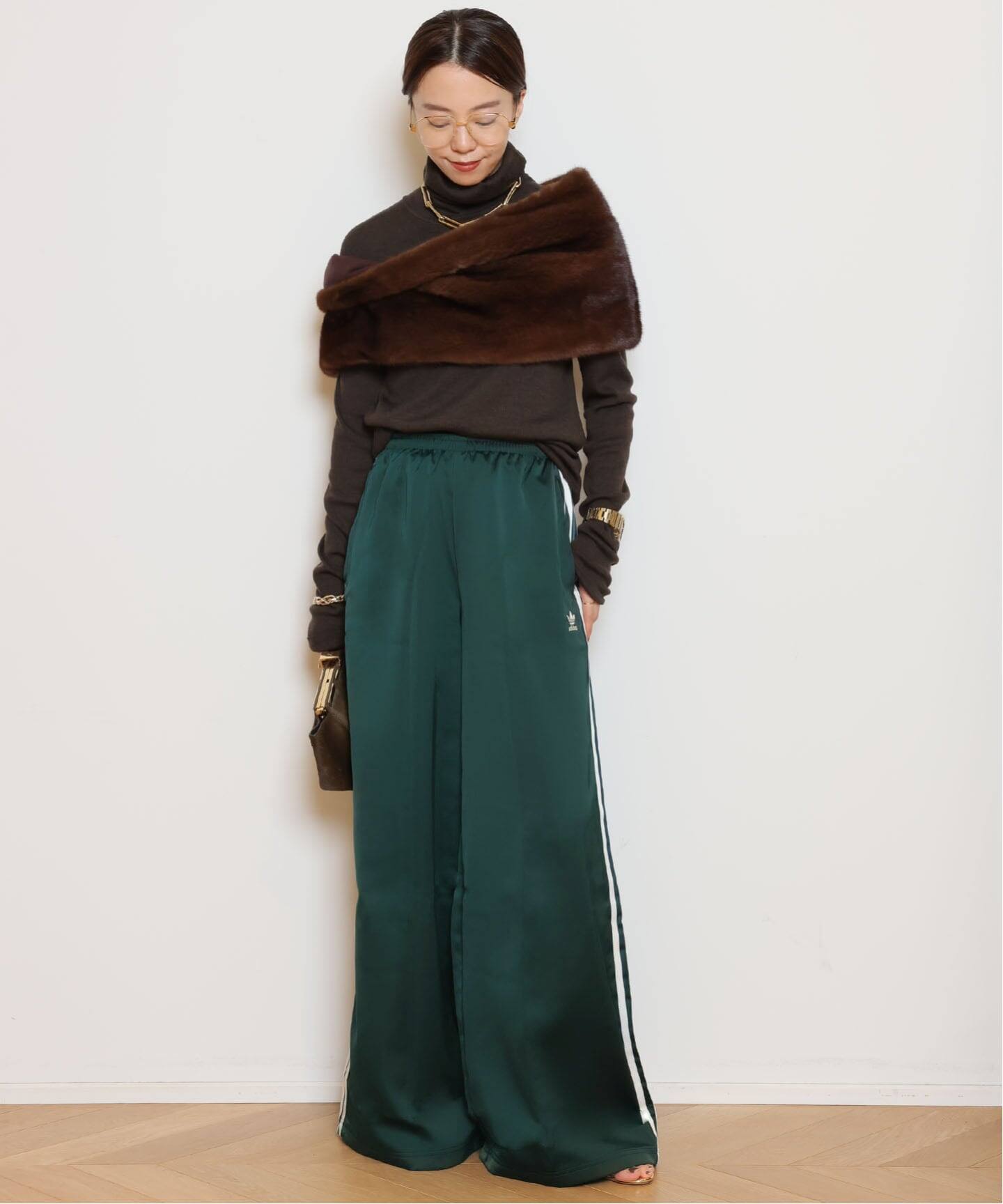 ADIDAS/アディダス】SATIN WIDE LEG TRACK パンツ（GREEN）（ジャージ