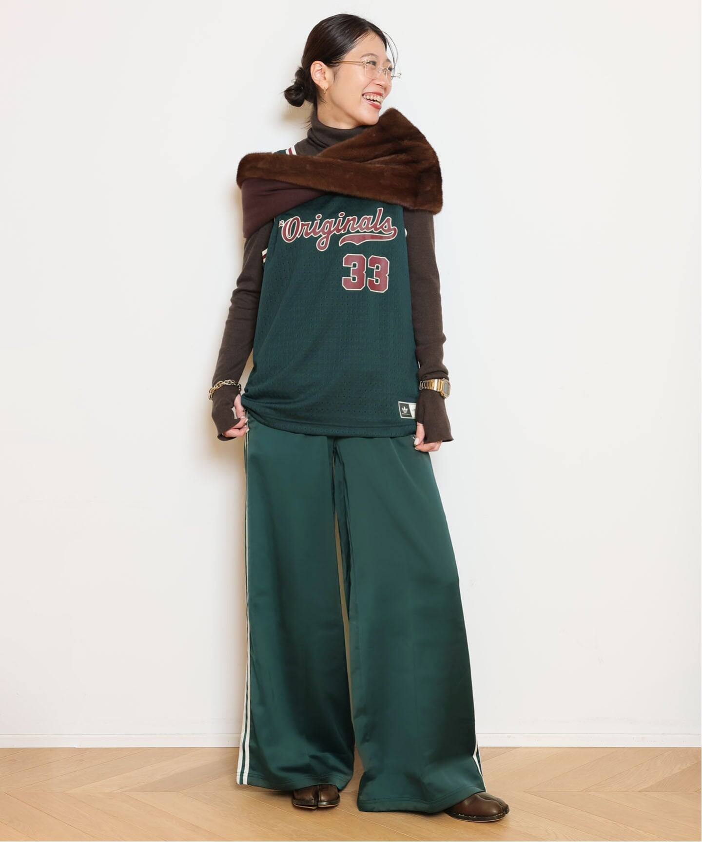 ADIDAS/アディダス】SATIN WIDE LEG TRACK パンツ（GREEN）（ジャージ