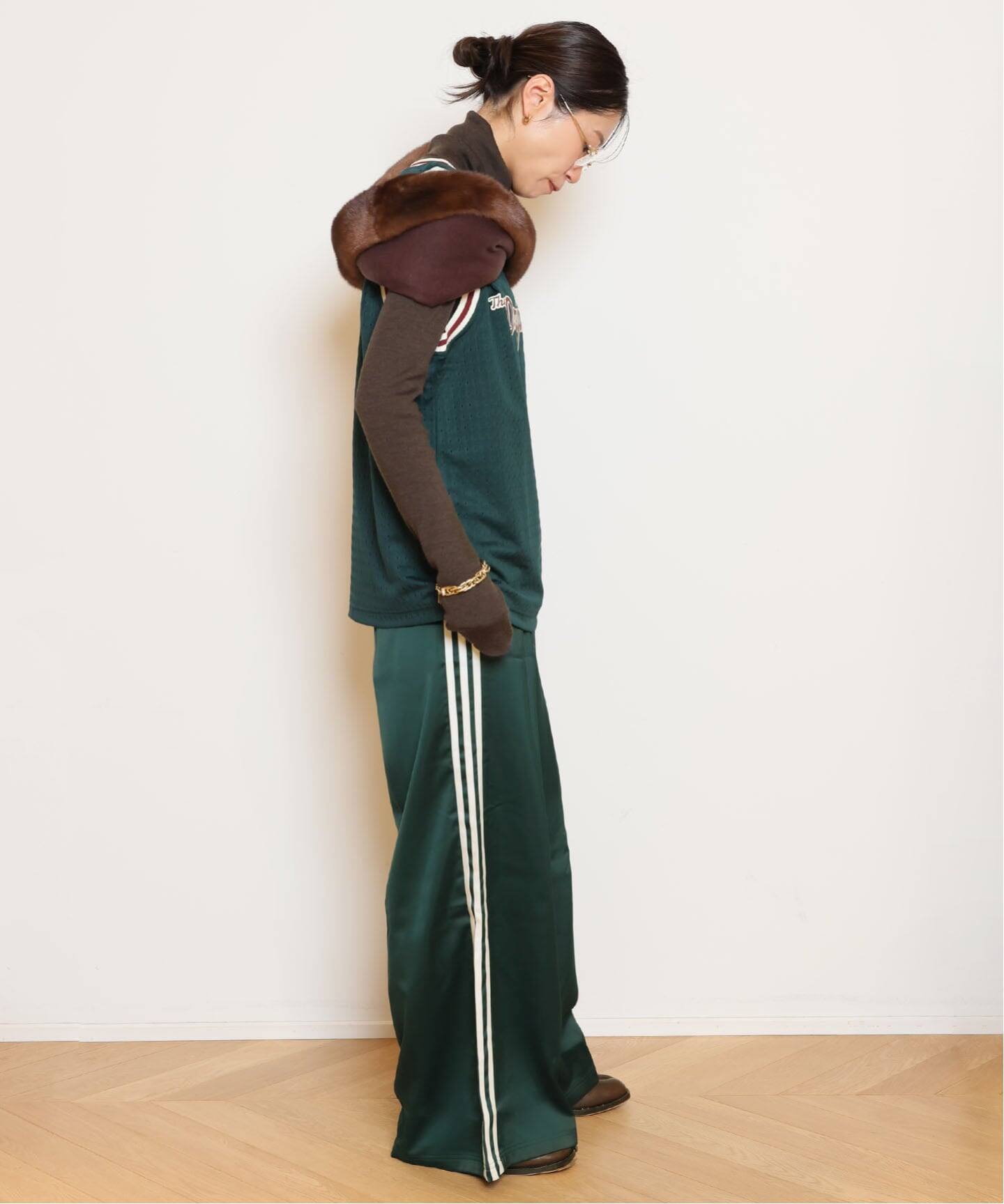 ADIDAS/アディダス】SATIN WIDE LEG TRACK パンツ（GREEN）（ジャージ