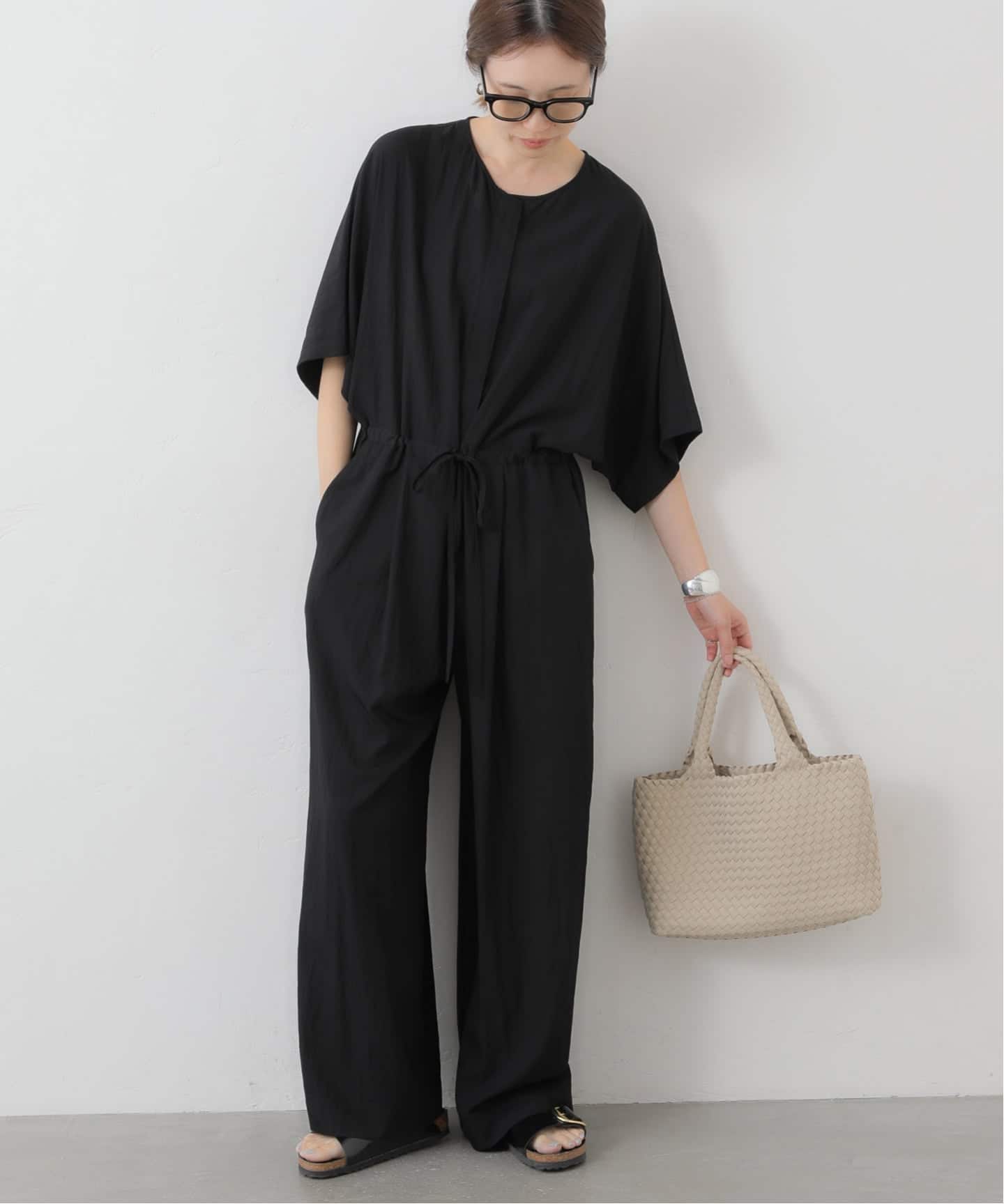 予約》ノーカラーハーフスリーブオールインワン（つなぎ