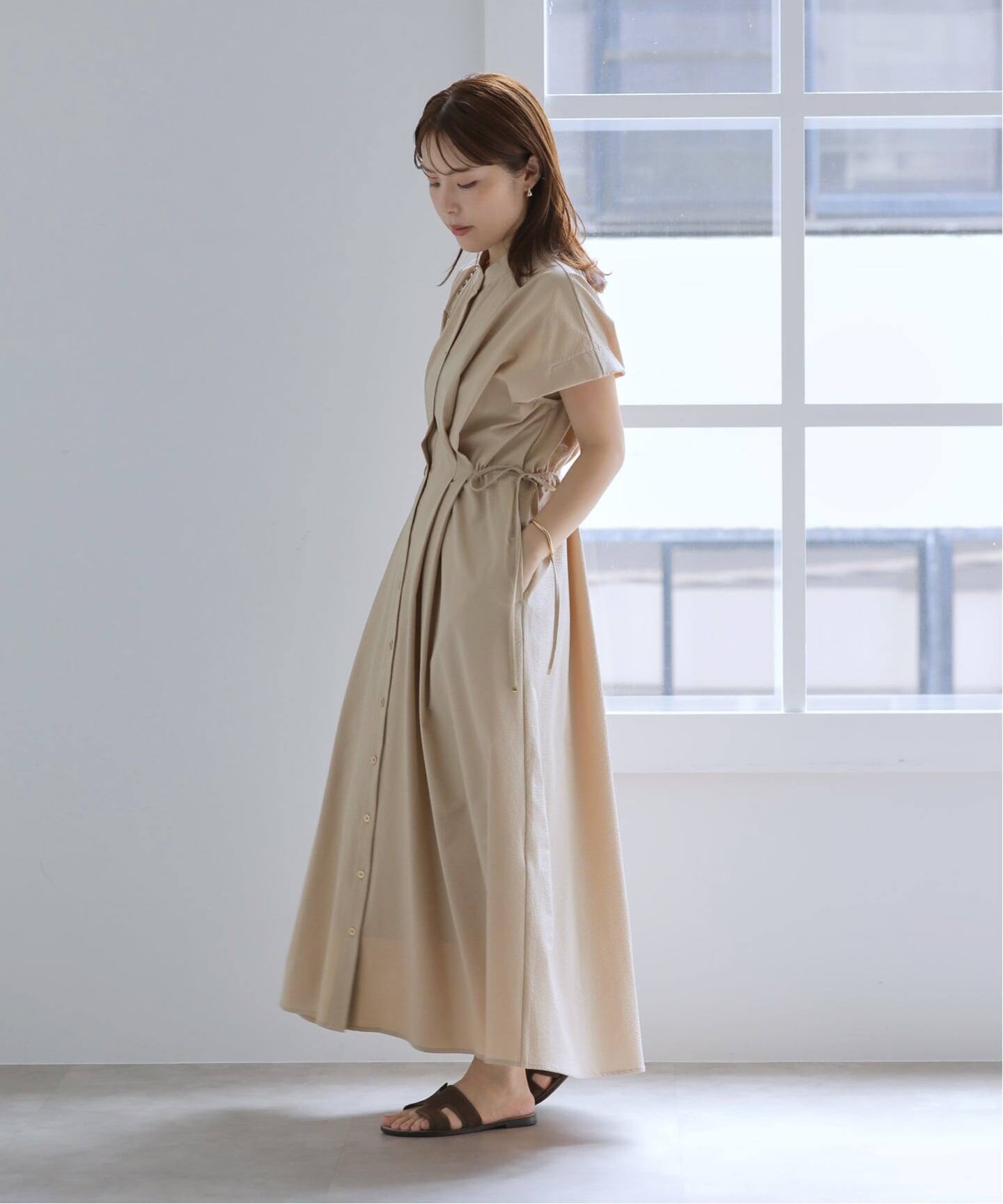 最終 ダーマコレクション ピンタック ロング シャツワンピース ベージュ L 洗える】フレンチタックシャツワンピース（ワンピース）｜La Totalite