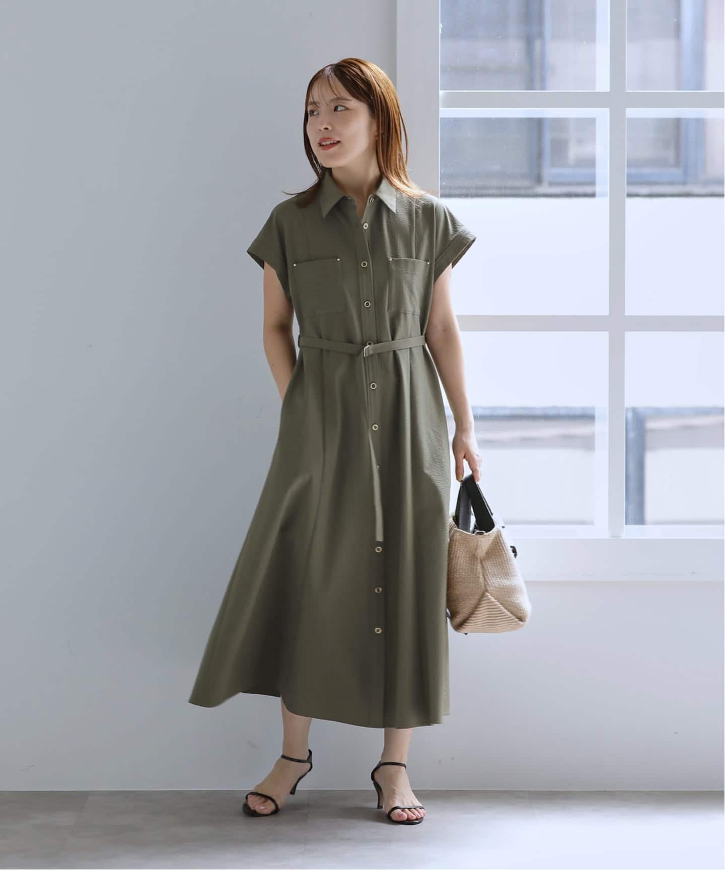 美品 ローレンラルフローレン プリーツシャツワンピース フレンチスリーブ カーキ 洗える】リベットシャツフレンチスリーブワンピース（ワンピース）｜La
