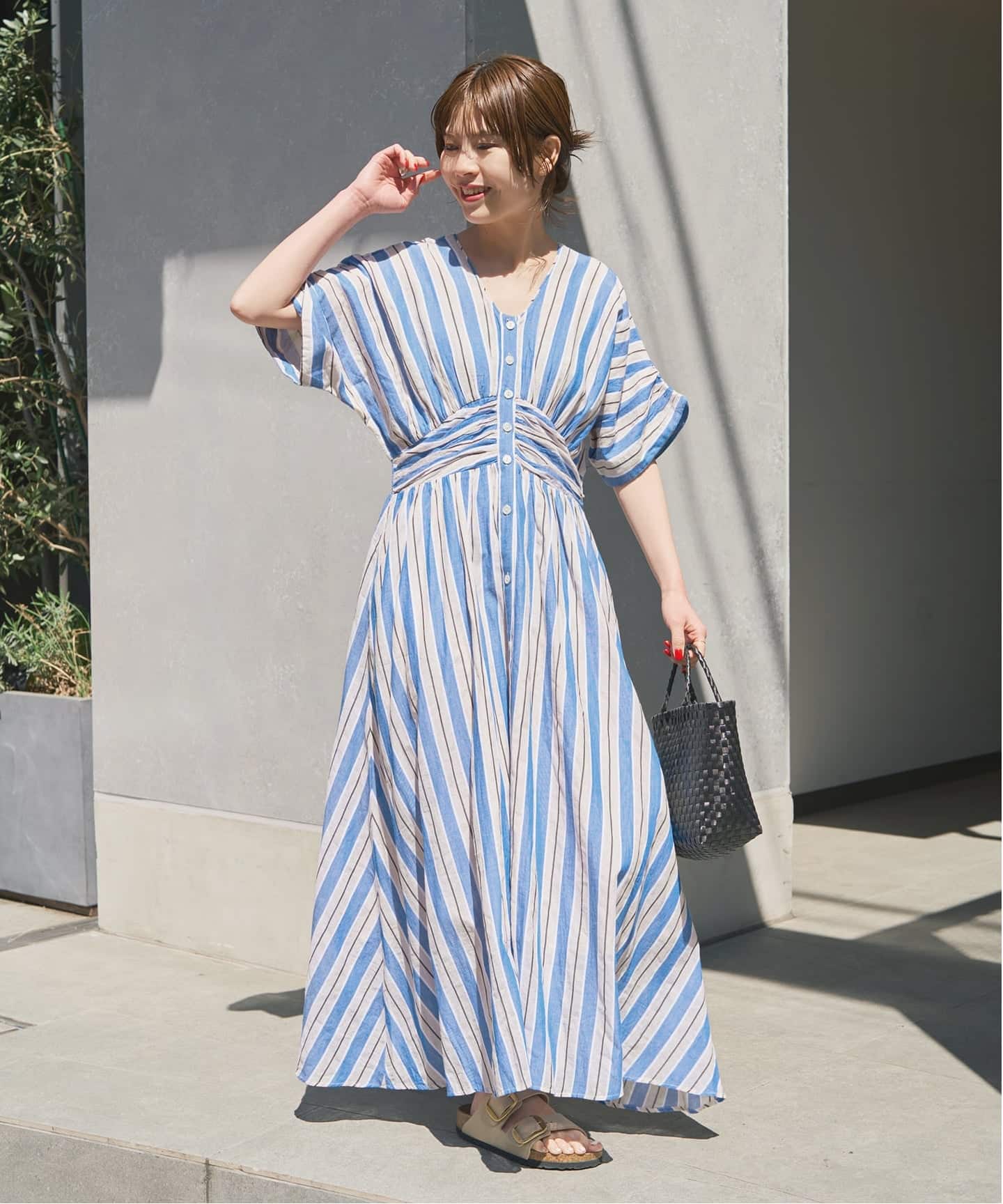 新品ヌキテパ　Cotton Voile Stripe Gather Dress Cotton Voile Stripe Gather Neck Dress | Pasand by ne Quittez pas