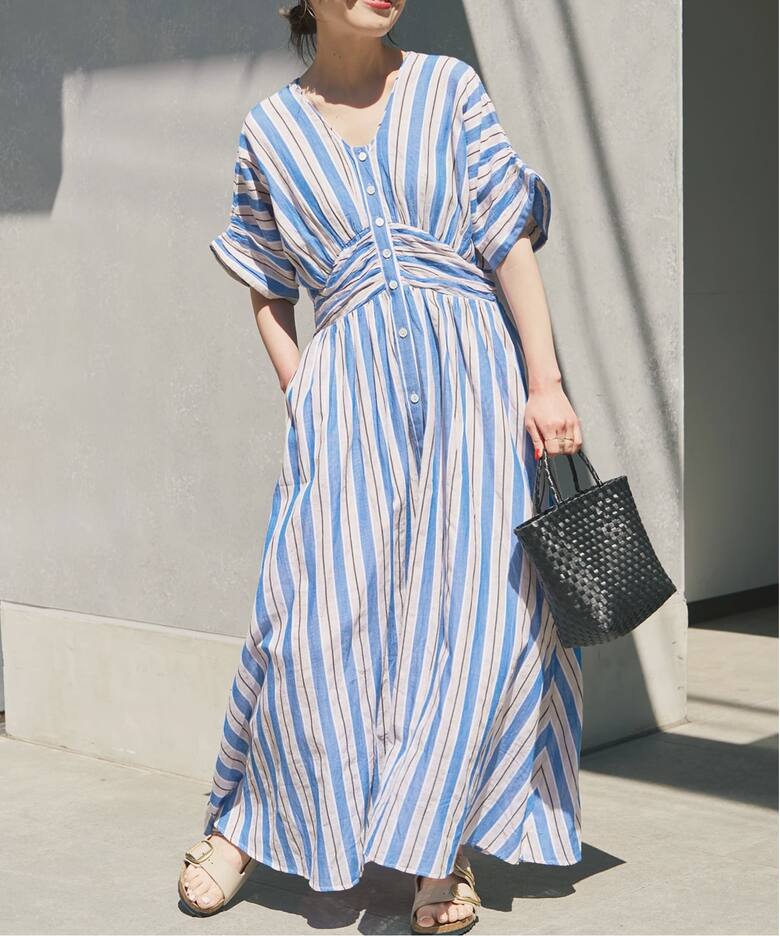 WEB限定追加》ne Quittez pas Cotton Voile Stripe Waist Gather Dress 