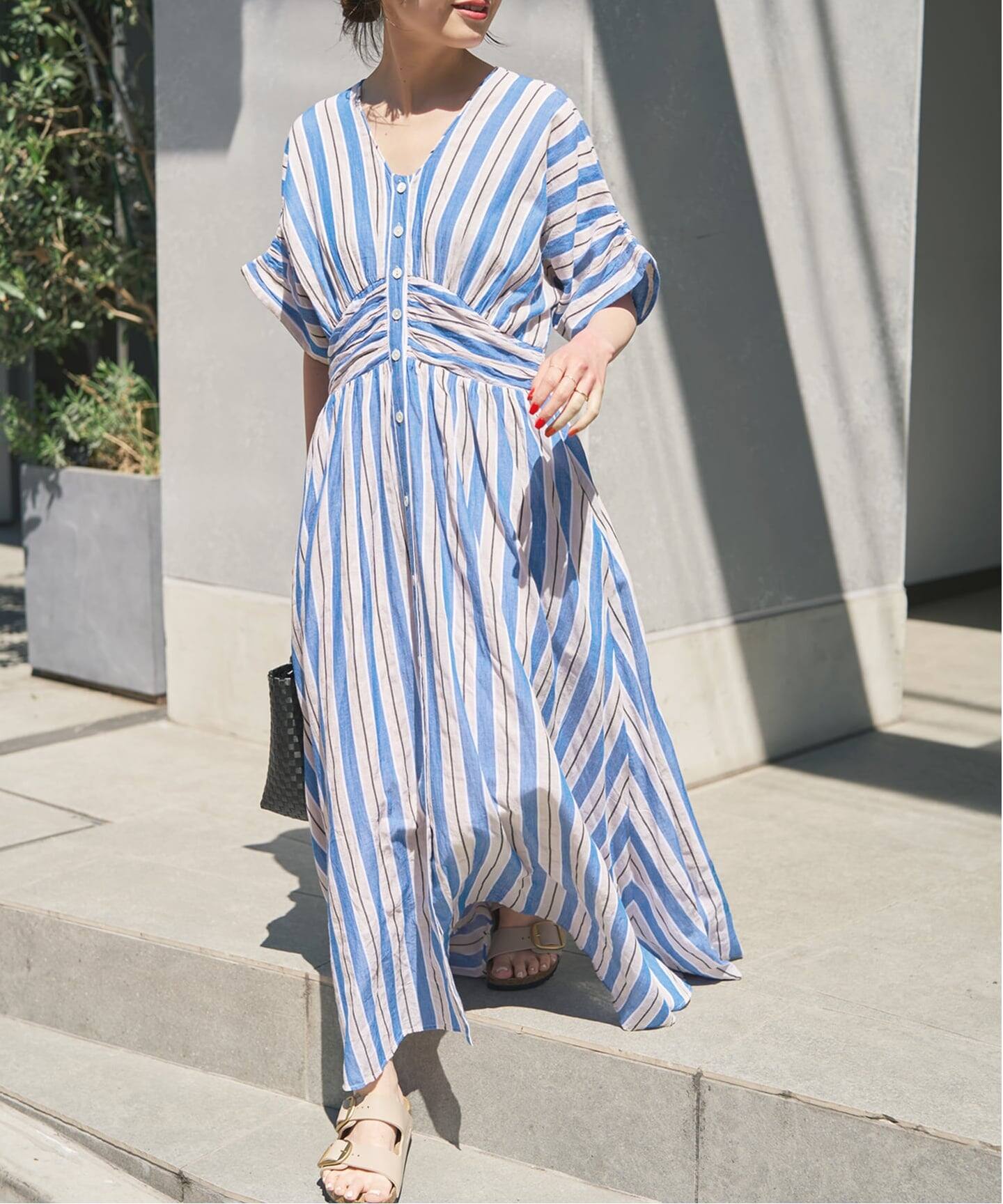 WEB限定追加》ne Quittez pas Cotton Voile Stripe Waist Gather Dress 