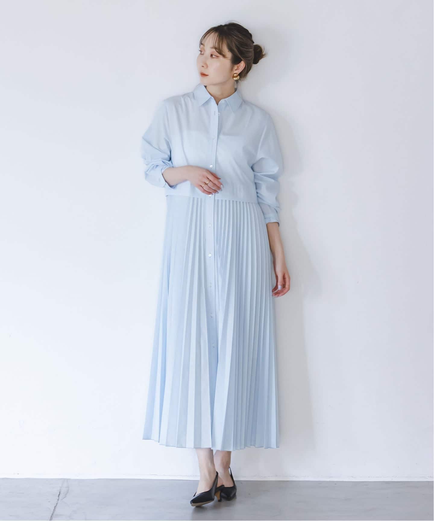 NOBLE シャツワンピース　白 NOBLE（ノーブル） ワンピース 「追加」「洗える」プリーツシャツ
