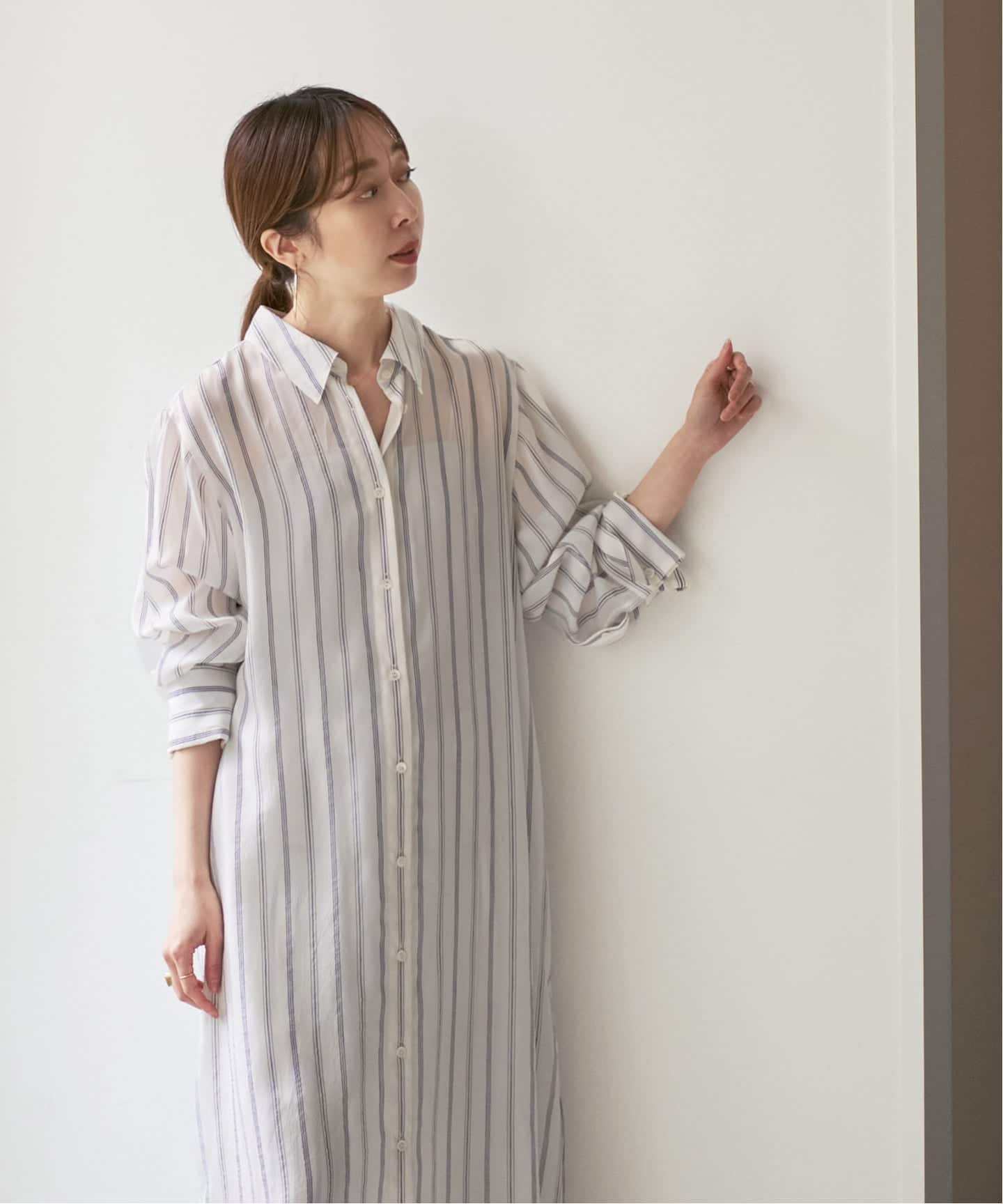 洗える】エアリーストライプロングシャツワンピース（ワンピース