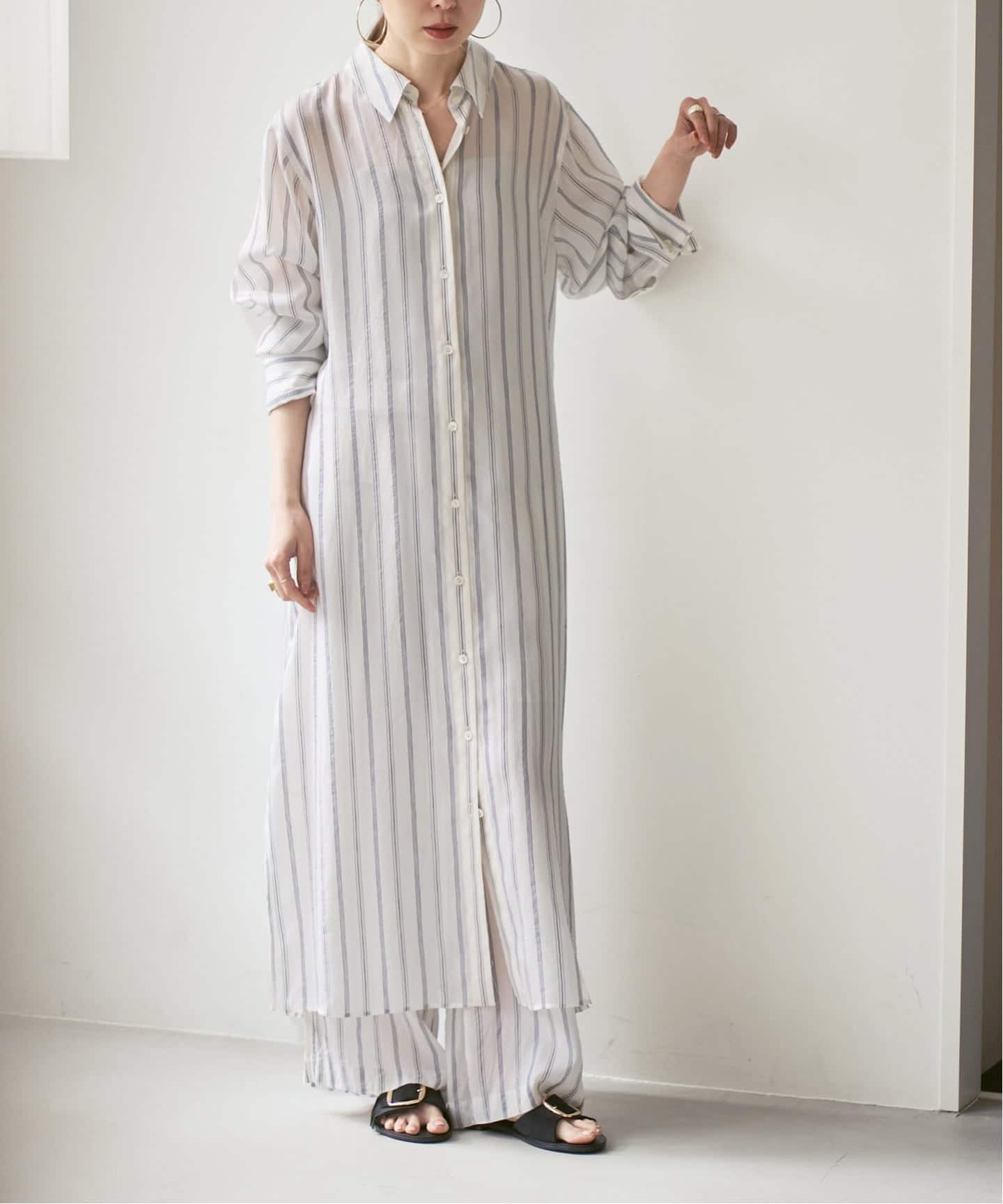 洗える】エアリーストライプロングシャツワンピース（ワンピース
