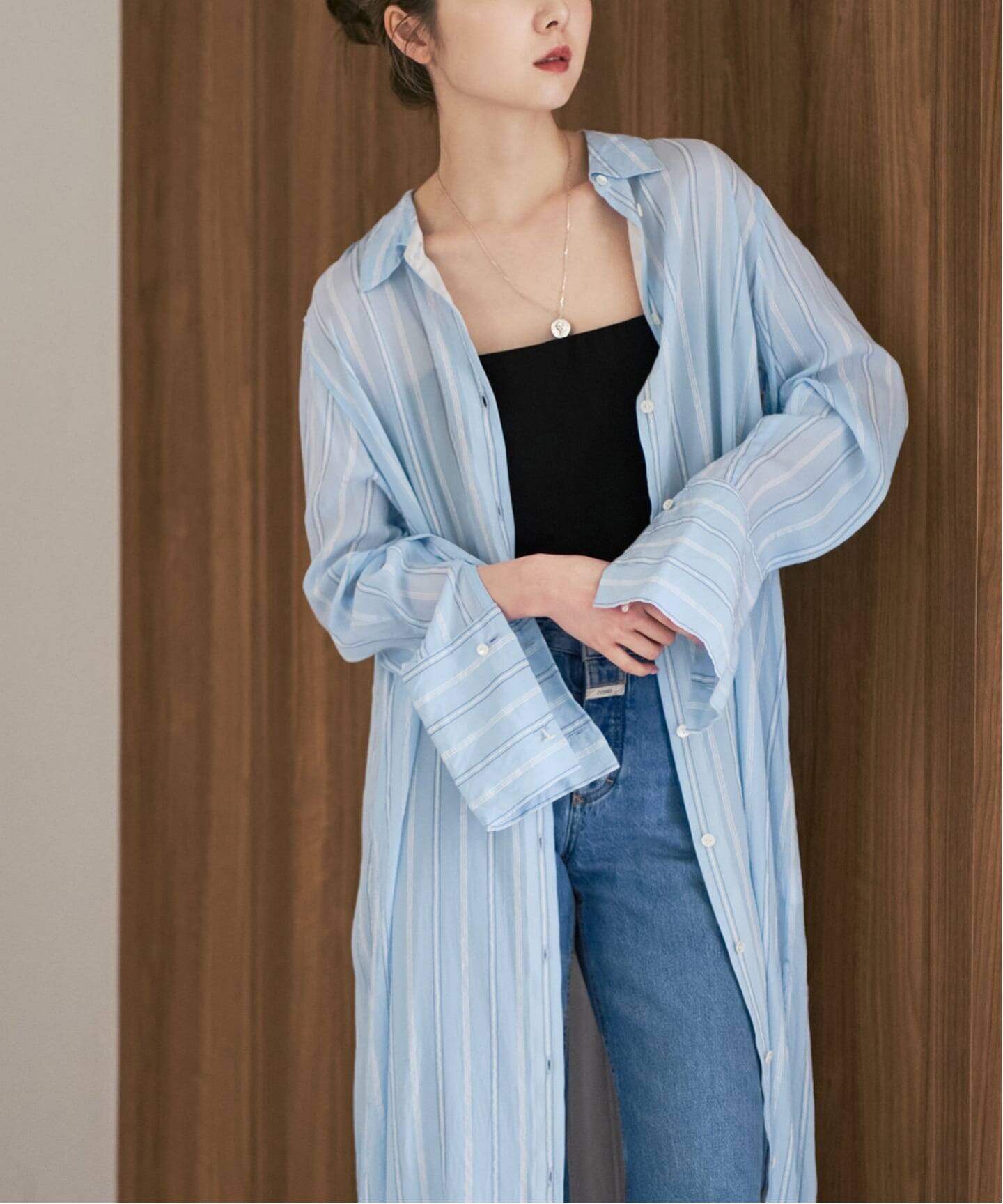 洗える】エアリーストライプロングシャツワンピース（ワンピース