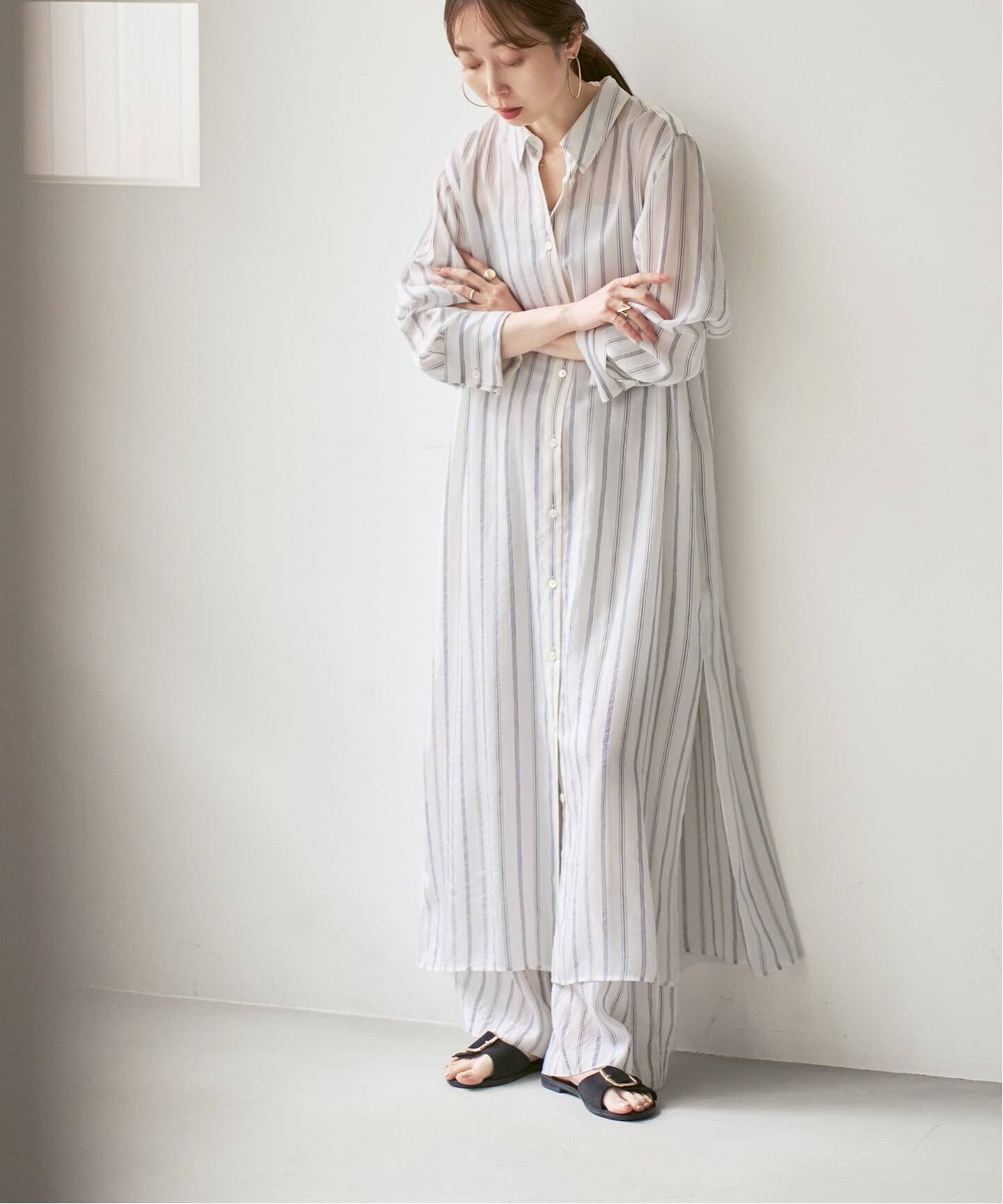 洗える】エアリーストライプロングシャツワンピース（ワンピース 