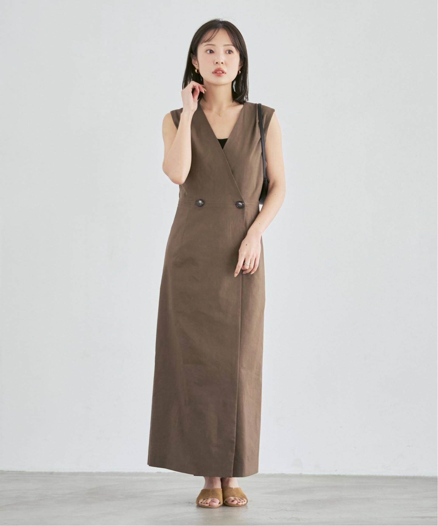 セットアップ対応》【洗える】麻ストレッチロングジレワンピース
