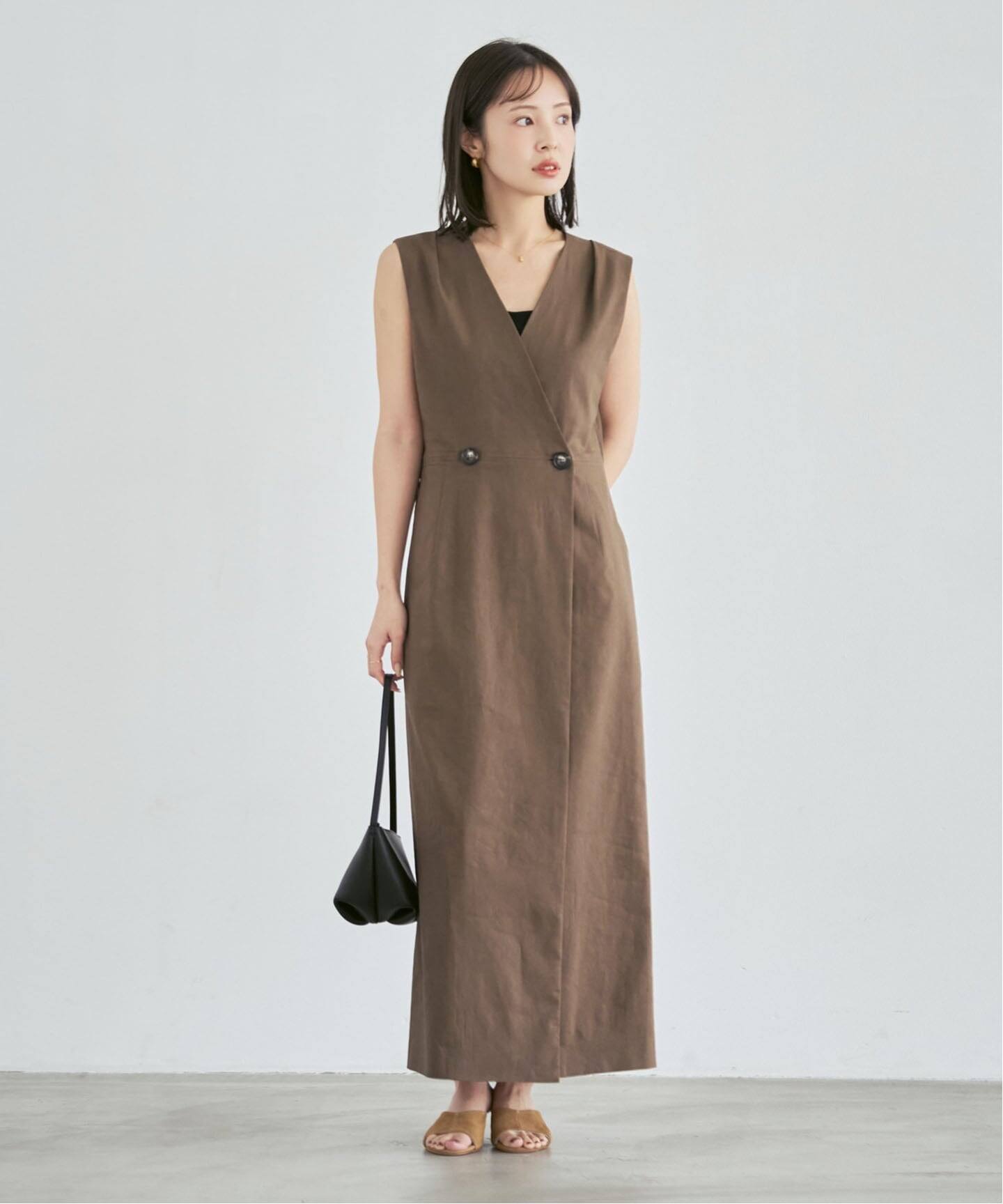 試着のみ⭐︎Noble 麻ストレッチロングジレワンピース　ブラウン　38 セットアップ対応》【洗える】麻ストレッチロングジレワンピース