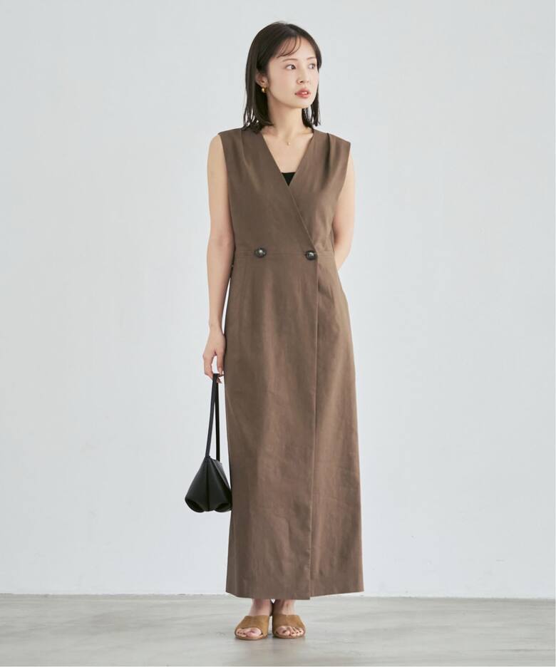 セットアップ対応》【洗える】麻ストレッチロングジレワンピース 