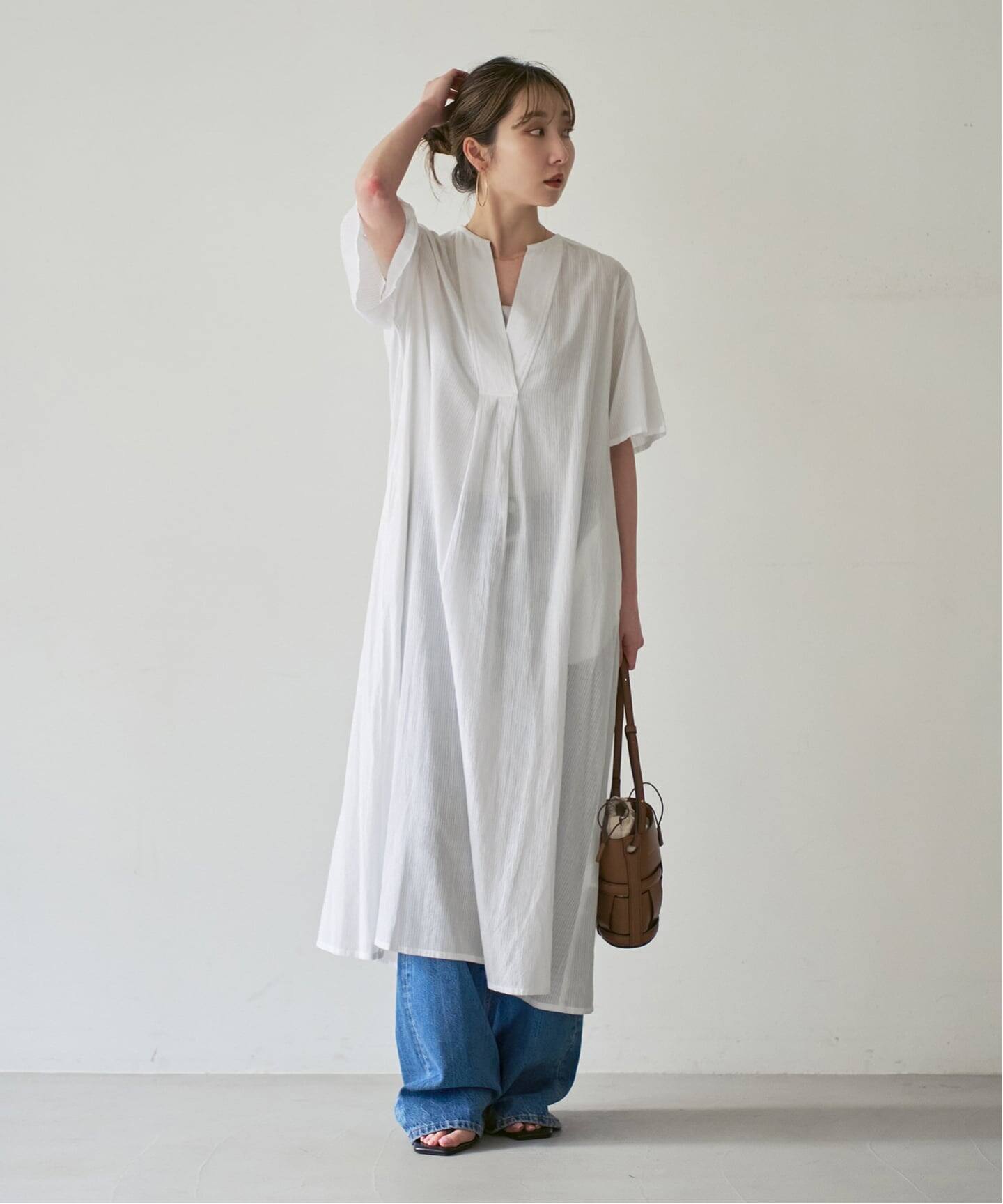 洗える】normment/ノーメント STRIPE JQD SHORT SLEEVE DRESS
