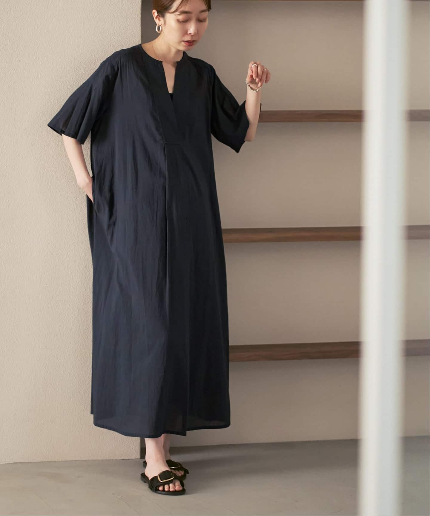 洗える】normment/ノーメント STRIPE JQD SHORT SLEEVE DRESS