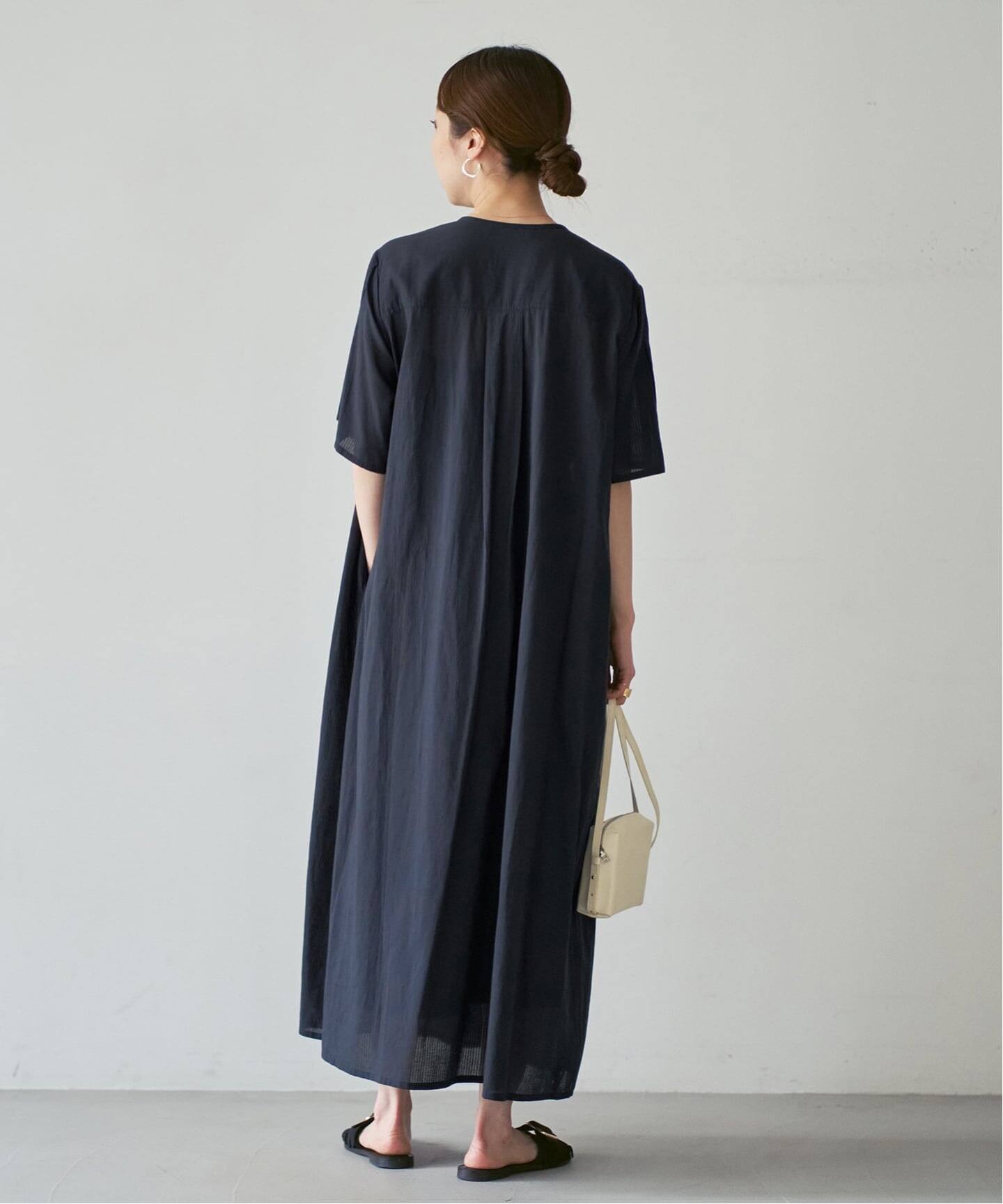 normment ノーメント コットン 半袖 ティアード ワンピース 黒 洗える】normment/ノーメント STRIPE JQD SHORT SLEEVE DRESS