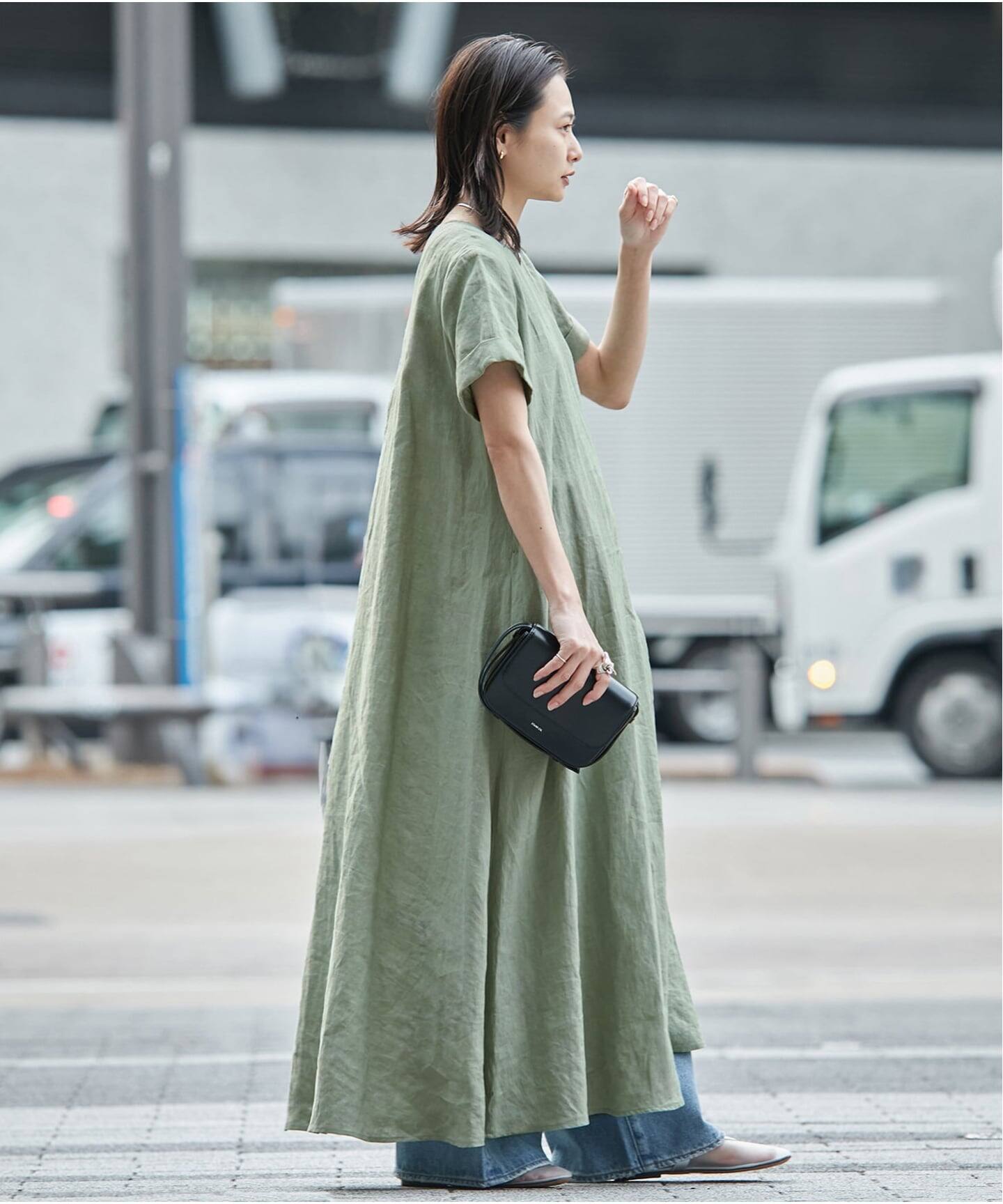 【ジャーナルスタンダード】麻100% ハーフスリーブ Aラインフレアワンピース 完全受注生産】《追加》SO リネンハーフスリーブマキシフレア