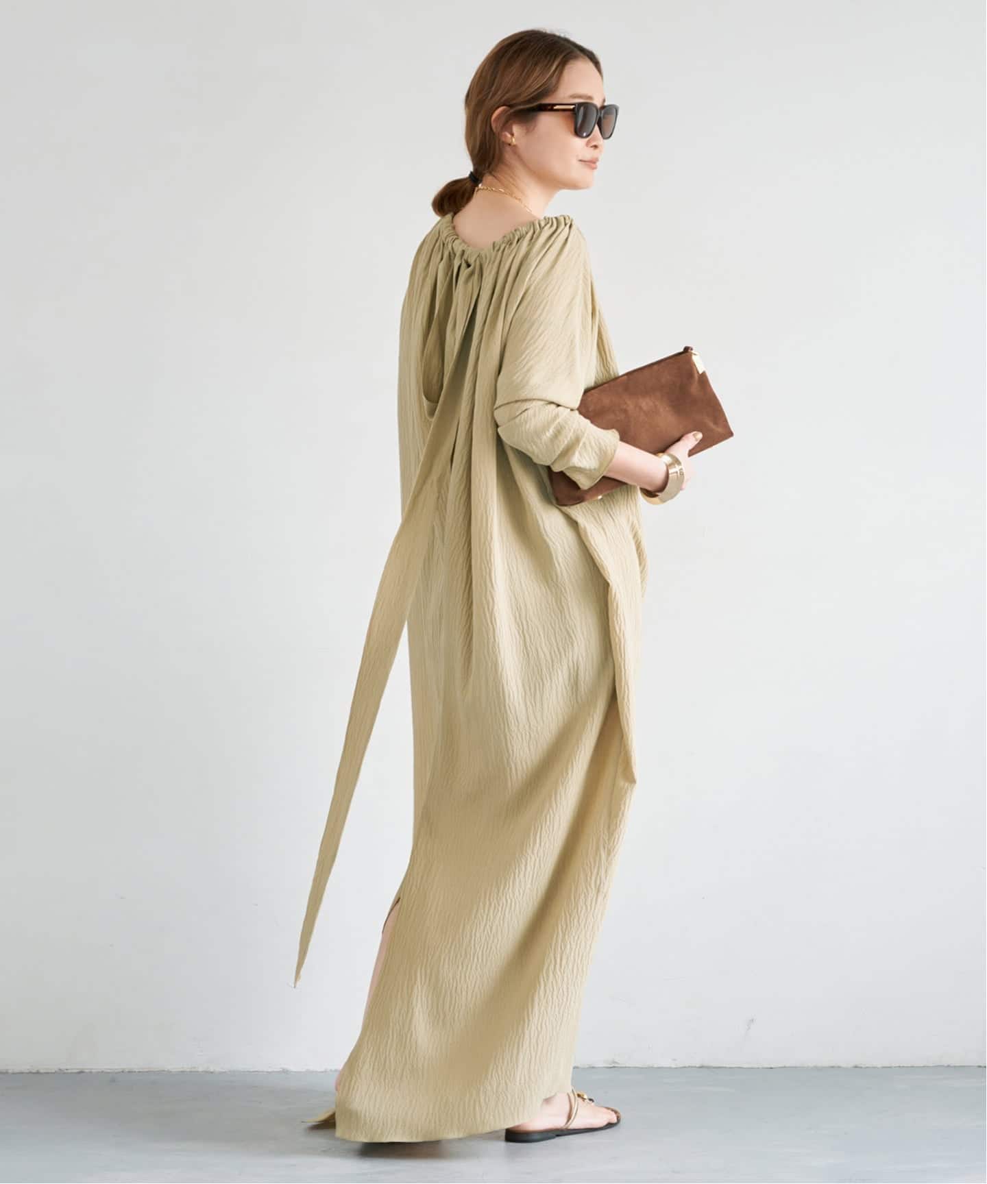 ドゥーズィエムクラス　コットンリネンロングニットドレスワンピース★ベージュ PETAR PETROV/ペーター ペトロフ】GATHERED NECKLINE MIDIDRESS