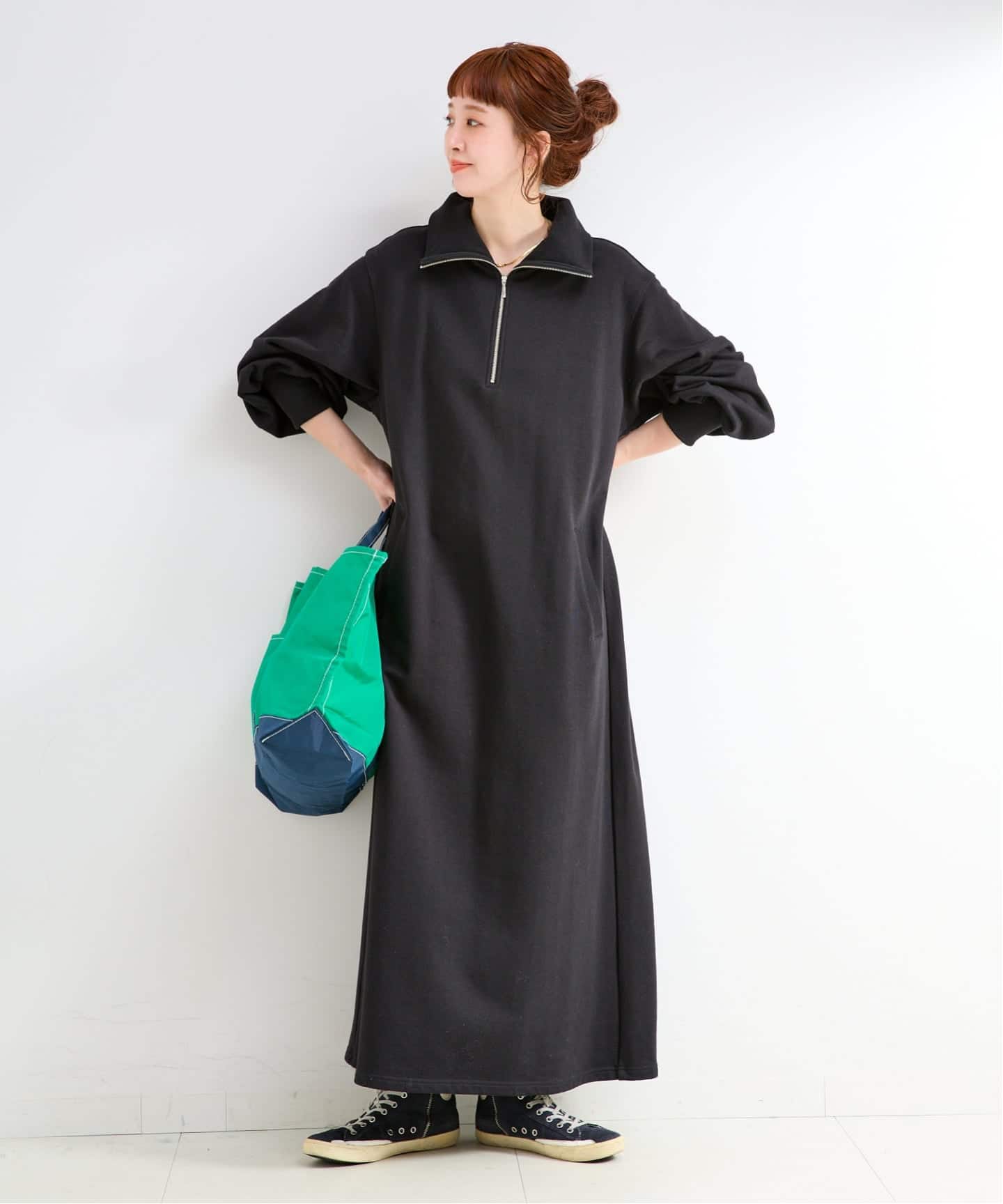 追加2予約》ウォッシャブル / テリー裏毛ハーフジップロングワンピース
