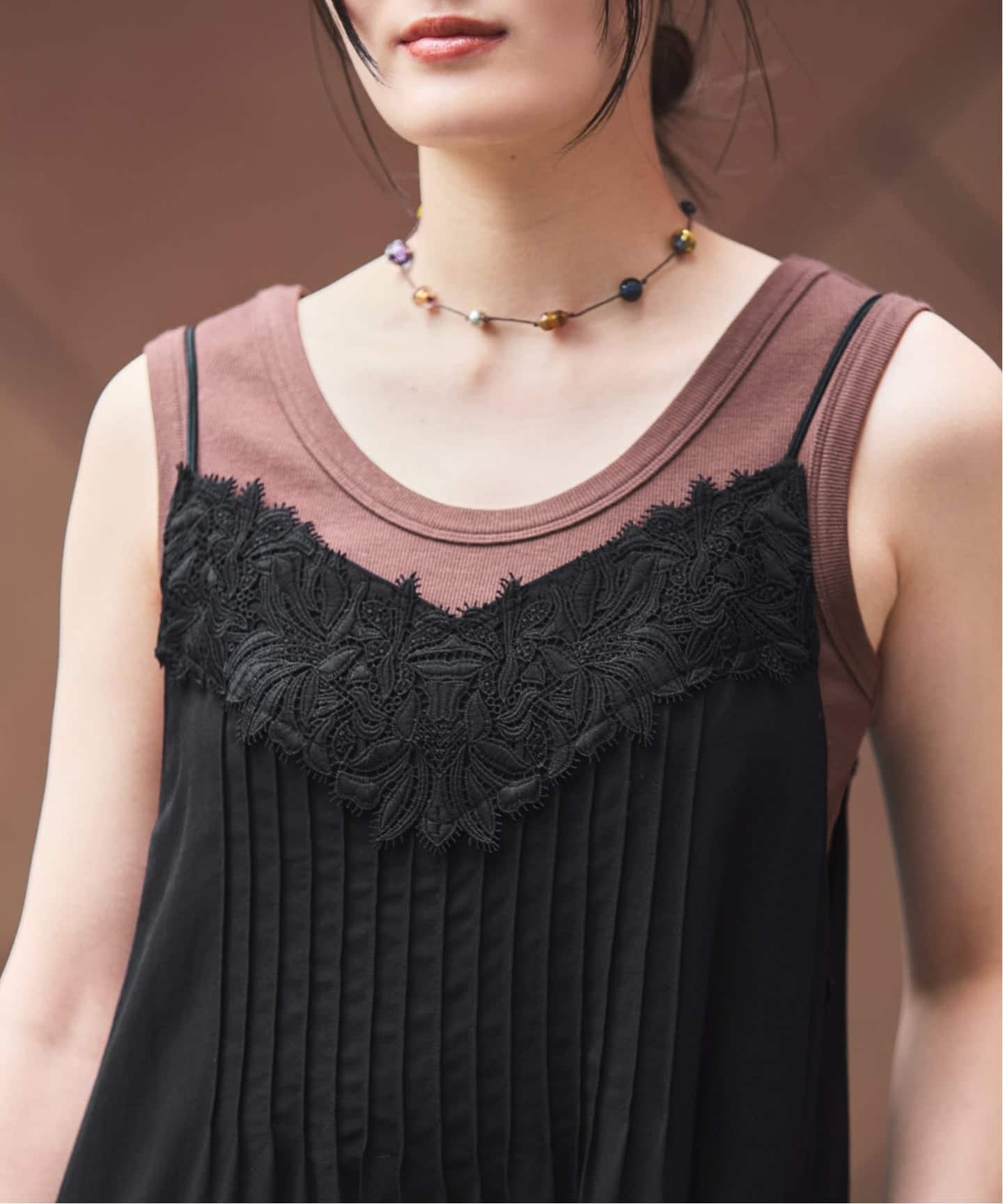 新品 IENASatinレース キャミソールワンピース ブラック レース