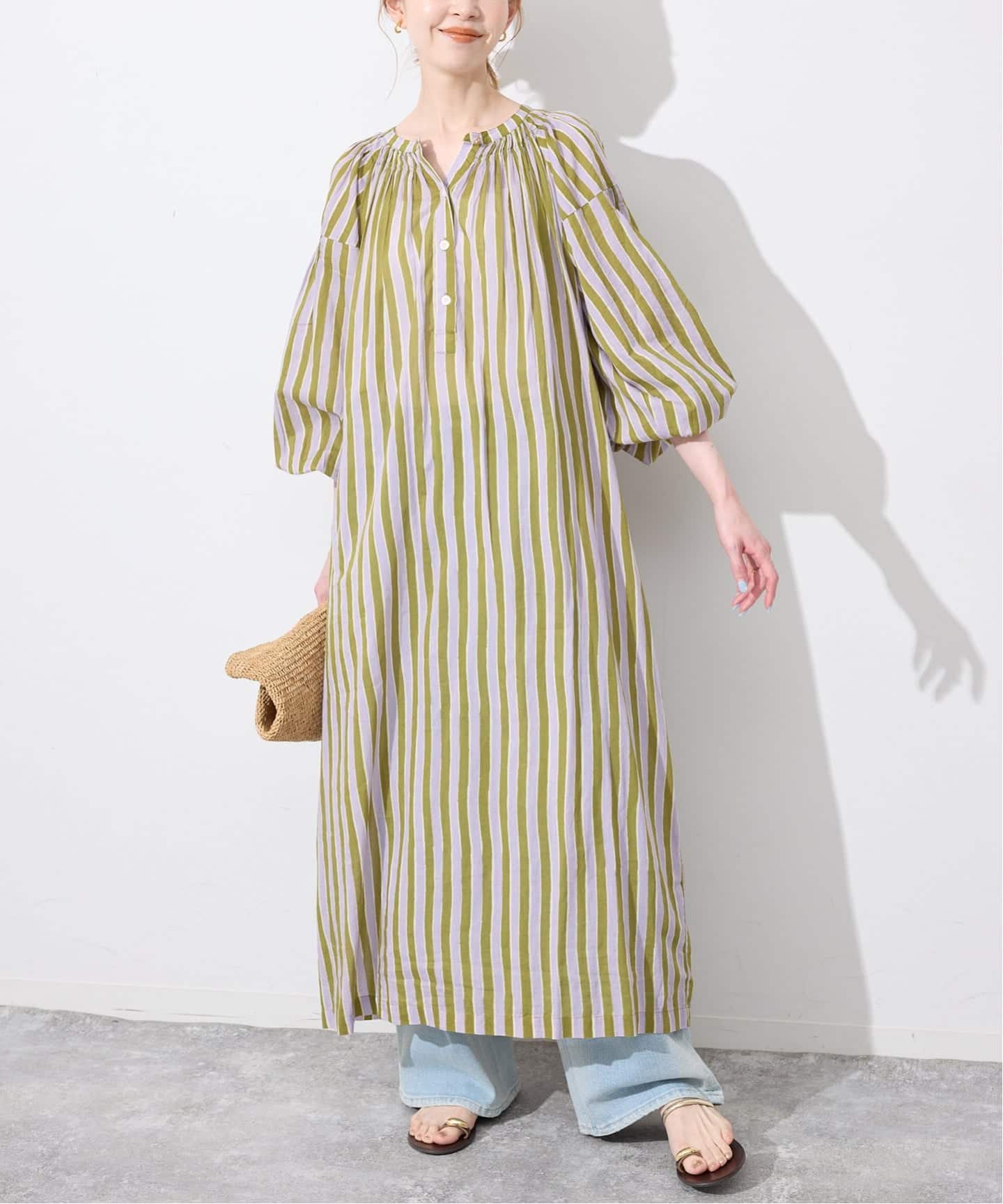 新品　archivio ストライプ ワンピース 36 グリーン アメリカンホリック AMERICAN HOLIC 【小柄女性向け】イージーケア